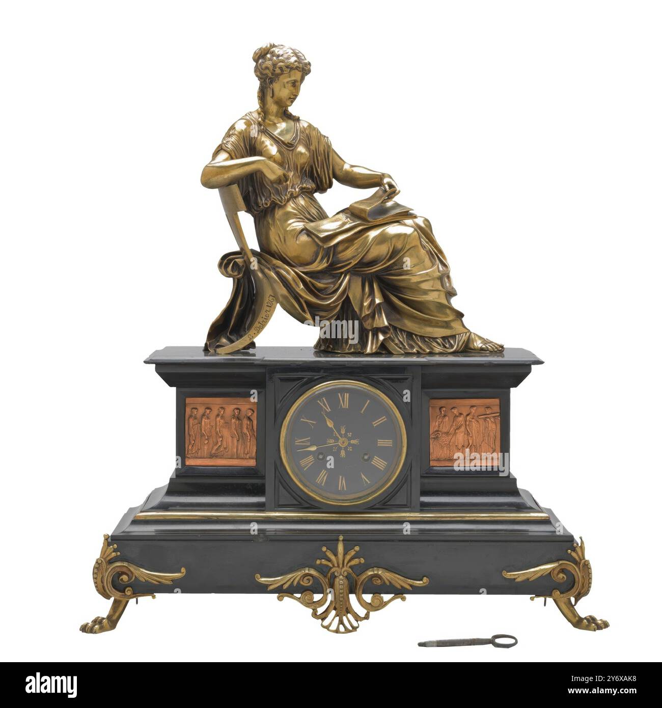 Delaistre (orologiaio); Pierre-Louis Détrier (scultore) / 'Orologio Mantel'. 1867. Bronzo dorato, lega di rame, legno, marmo. Museo: Museo del Prado, Madrid, España. Foto Stock