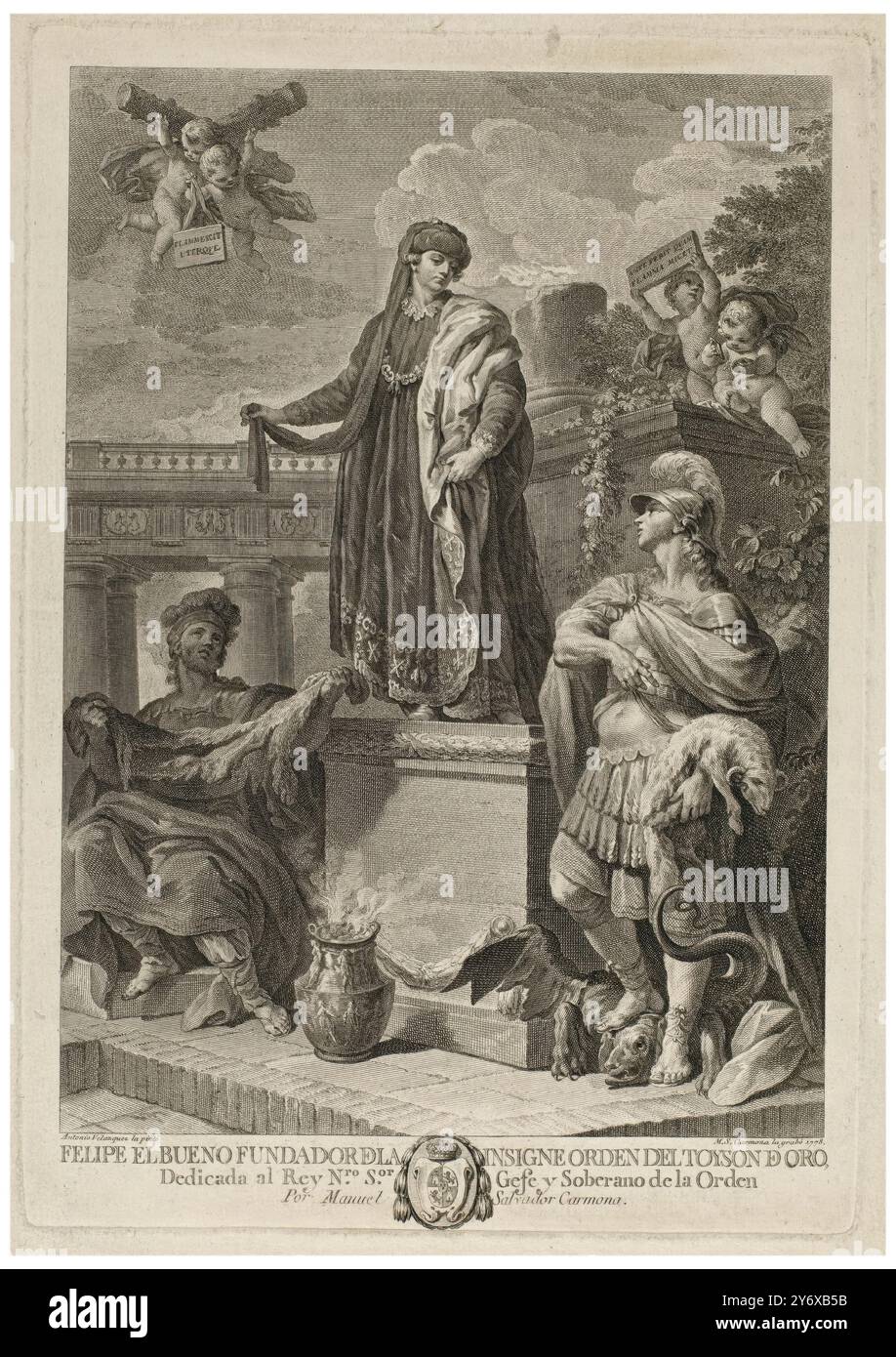 Manuel Salvador Carmona (Drafstman, incisore) (autore dell'opera originale: González Velázquez, Antonio) / 'Filippo III il buono personifica l'ordine del Toson d'oro'. 1778. Taille douce: Incisione e incisione su carta tessuta. Museo: Museo del Prado, Madrid, España. AUTORE: MANUEL SALVADOR CARMONA. Foto Stock