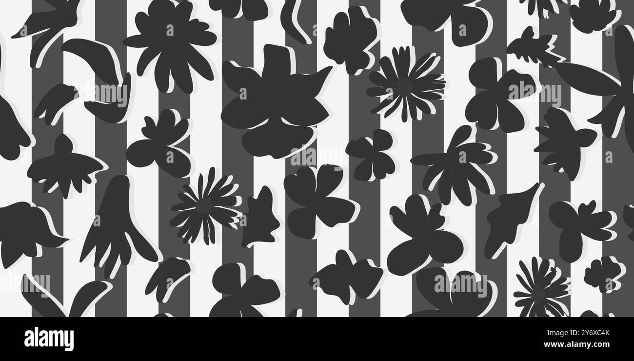 Motivo floreale Vector bianco e nero senza cuciture con fiori e foglie. EPS 10. Illustrazione Vettoriale