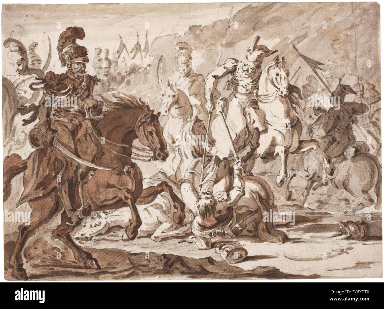 Rafael Ximeno y Planes / "scena di battaglia". XVIII secolo. Lavaggio marrone-grigio, matita macinata su carta posata. Museo: Museo del Prado, Madrid, España. Foto Stock