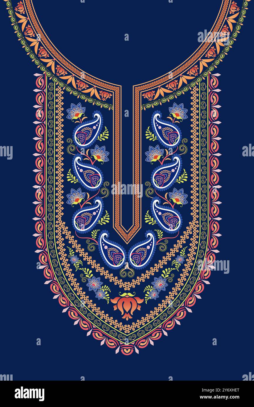 Abito kaftan ricamato sul collo con motivo paisley floreale e delicati motivi di vite su sfondo navy. Illustrazione Vettoriale