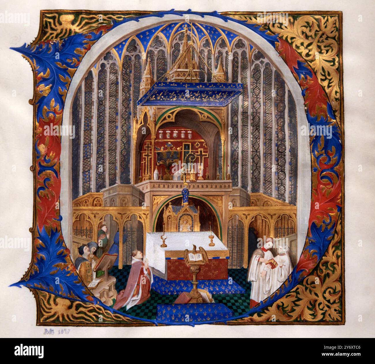 Copia di un'iniziale (D) del Benedetto del Duca di Bedford, Ostensione delle reliquie della Sainte-Chapelle a Parigi, 1837 (originale dipinto Foto Stock