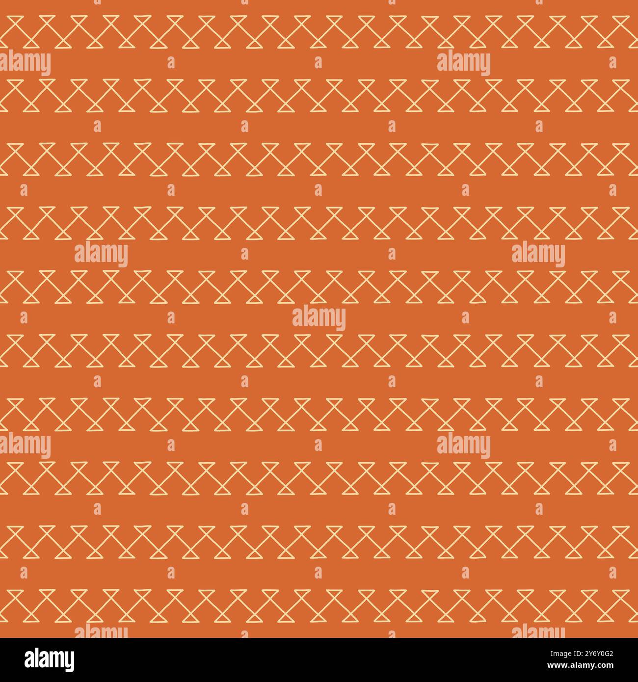 Motivo arancione geometrico minimalista, in cui linee semplici formano forme ripetitive simili a una clessidra disposte su file orizzontali. Illustrazione Vettoriale