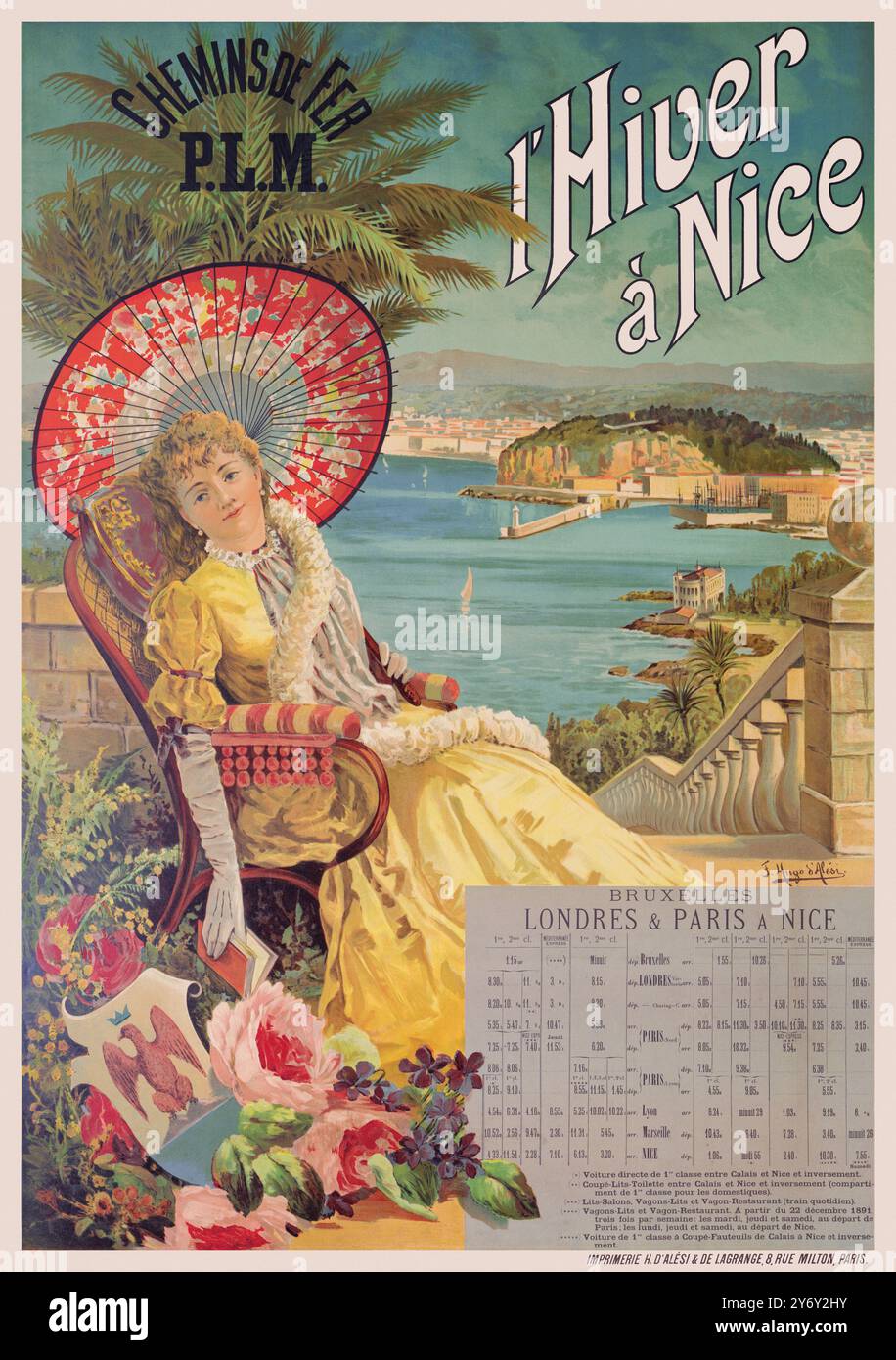 L’Hiver à Nice di Frédéric Hugo d’Alesi (1849–1906). Cartellone pubblicitario ferroviario francese che promuove il turismo invernale in Côte Azzurra. Poster pubblicato nel 1892 in Francia. Foto Stock