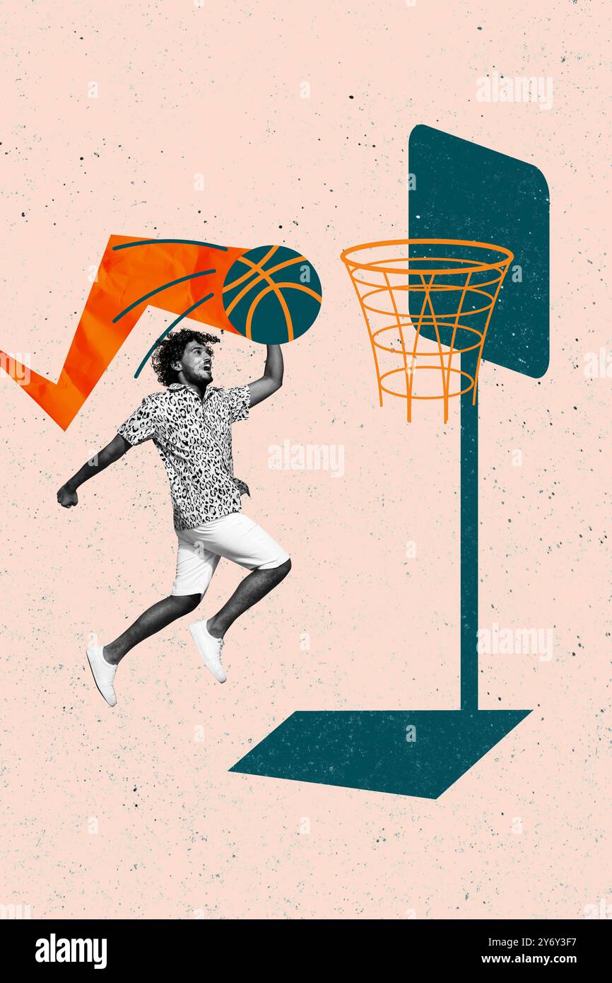 Grafica di tendenza composita immagine schizzo collage fotografico di attrezzature sportive per la pubblicità basket gioco sportivo Guy tiro a mano palla Foto Stock