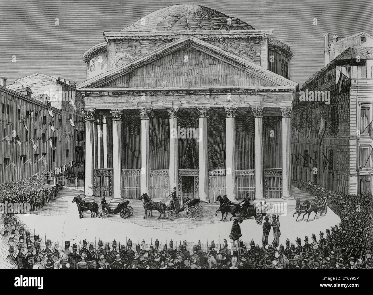 Storia dell'Italia. Roma. Sesto anniversario della morte di Vittorio Emanuele II (1820-1878) e 25° anniversario della proclamazione dell'unità della Patria. Il 9 gennaio 1884, i re d'Italia, Umberto i (1844-1900) e Margherita di Savoia (1851-1926), accompagnati da Vittorio Emanuele, Principe di Napoli (loro figlio e successore al trono), e la Duchessa di Genova, si recarono dal Palazzo del Quirinale al Pantheon per assistere alla cerimonia di commemorazione religiosa a porte chiuse. Arrivo del re e della regina d'Italia al Pantheon per assistere all'anniversario della morte di Vic Foto Stock