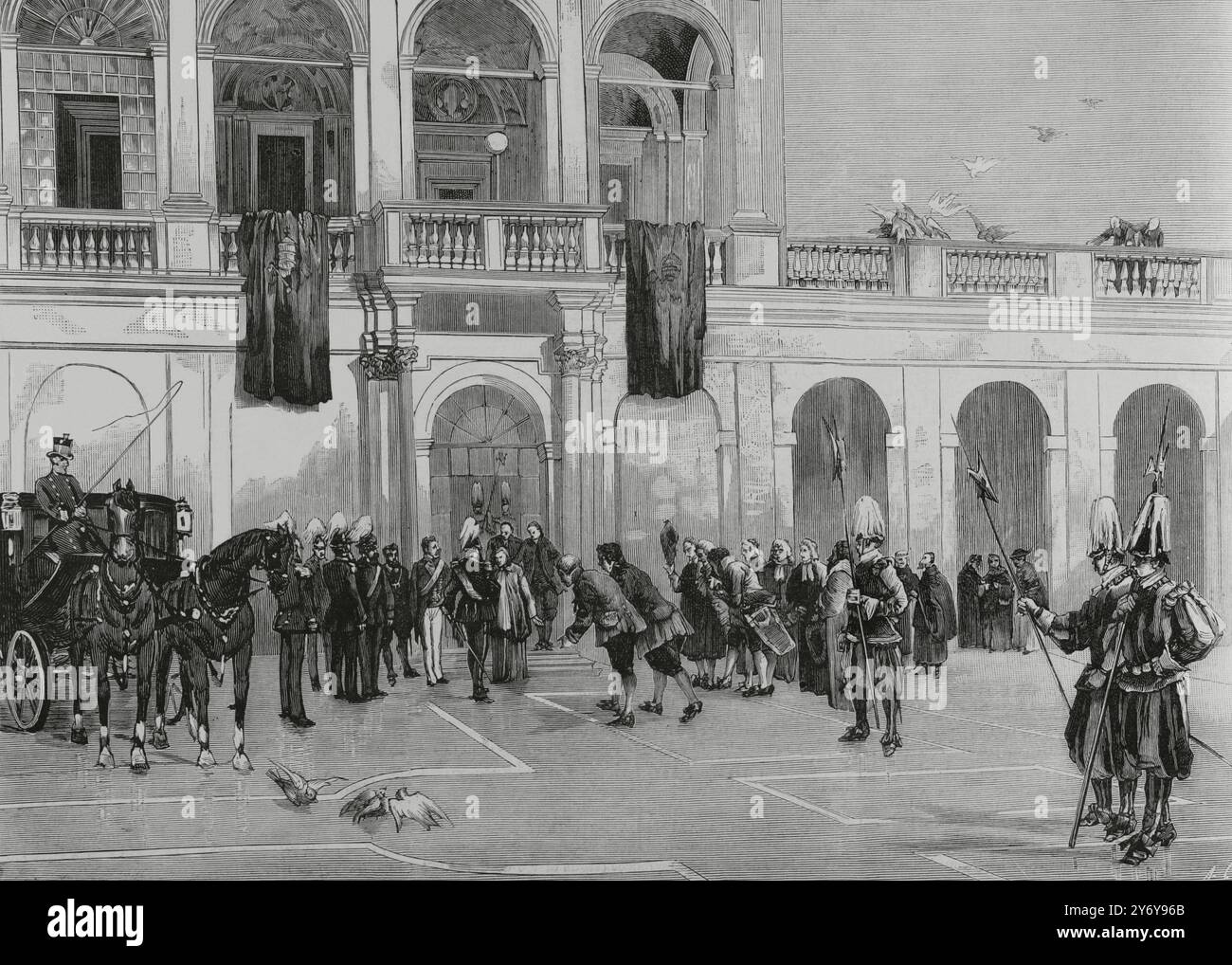 Il principe imperiale di Germania, Friedrich Wilhelm Nikolaus Karl von Preuben (1831-1888), il futuro Federico III di Germania, poco dopo il suo arrivo a Roma, notificò al cardinale Jacobini, segretario di Stato di papa Leone XIII, attraverso il ministro germanico accreditato presso la Santa sede, von Schloezer, il suo desiderio di visitare e rendere omaggio al capo della Chiesa cattolica. La visita ha avuto luogo nel pomeriggio del 18 dicembre 1883, dopo aver incontrato i Re d'Italia nel Palazzo del Quirinale. Arrivo del Principe al cortile Vaticano. Il Maestro della sezione del Tribunale Papale, Luigi M Foto Stock