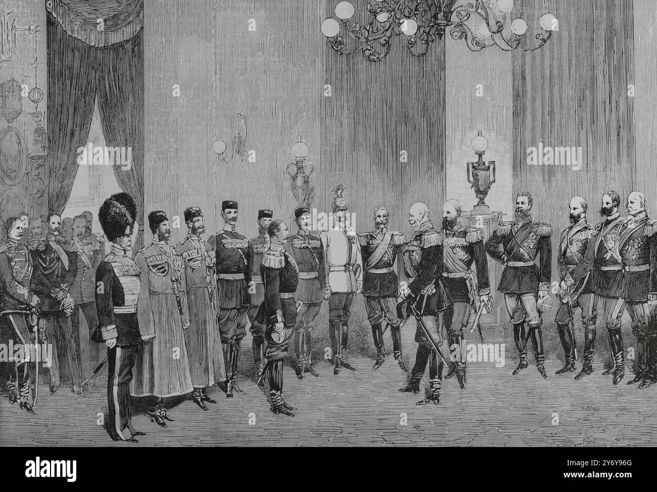 Storia della Germania. Berlino. Palazzo Imperiale. La delegazione militare russa si congratulò con l'imperatore Guglielmo i di Germania (1797-1888) per il 70° anniversario della battaglia di Bar-sur-Aube (27 febbraio 1814), con la vittoria della coalizione russo-bavarese contro Napoleone i durante le campagne del 1814. La cerimonia si è tenuta il 27 febbraio 1884. L'imperatore tedesco era accompagnato da tutti i principi della famiglia imperiale e dal feldmaresciallo prussiano Helmuth von Moltke (1800-1891). La delegazione russa era guidata dal granduca Michele Alessandro di Russia (1878-1918), fratello minore di Th Foto Stock