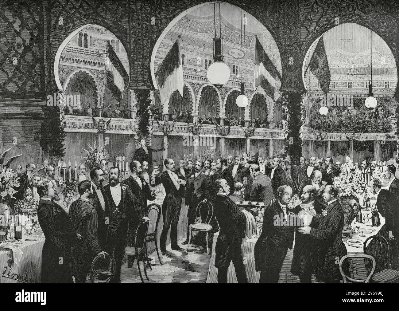 Storia della Spagna. Madrid. Banchetto presso il Teatro Alhambra, la sera del 14 gennaio 1884, sotto gli auspici del "Círculo de la Unión Mercantil" (Circolo dell'Unione Mercantile). Brindisi. Attingendo dalla vita di Juan Comba. Incisione di Bernardo Rico (1825-1894). La Ilustración Española y americana (The Spanish and American Illustration), 22 gennaio 1884. Foto Stock