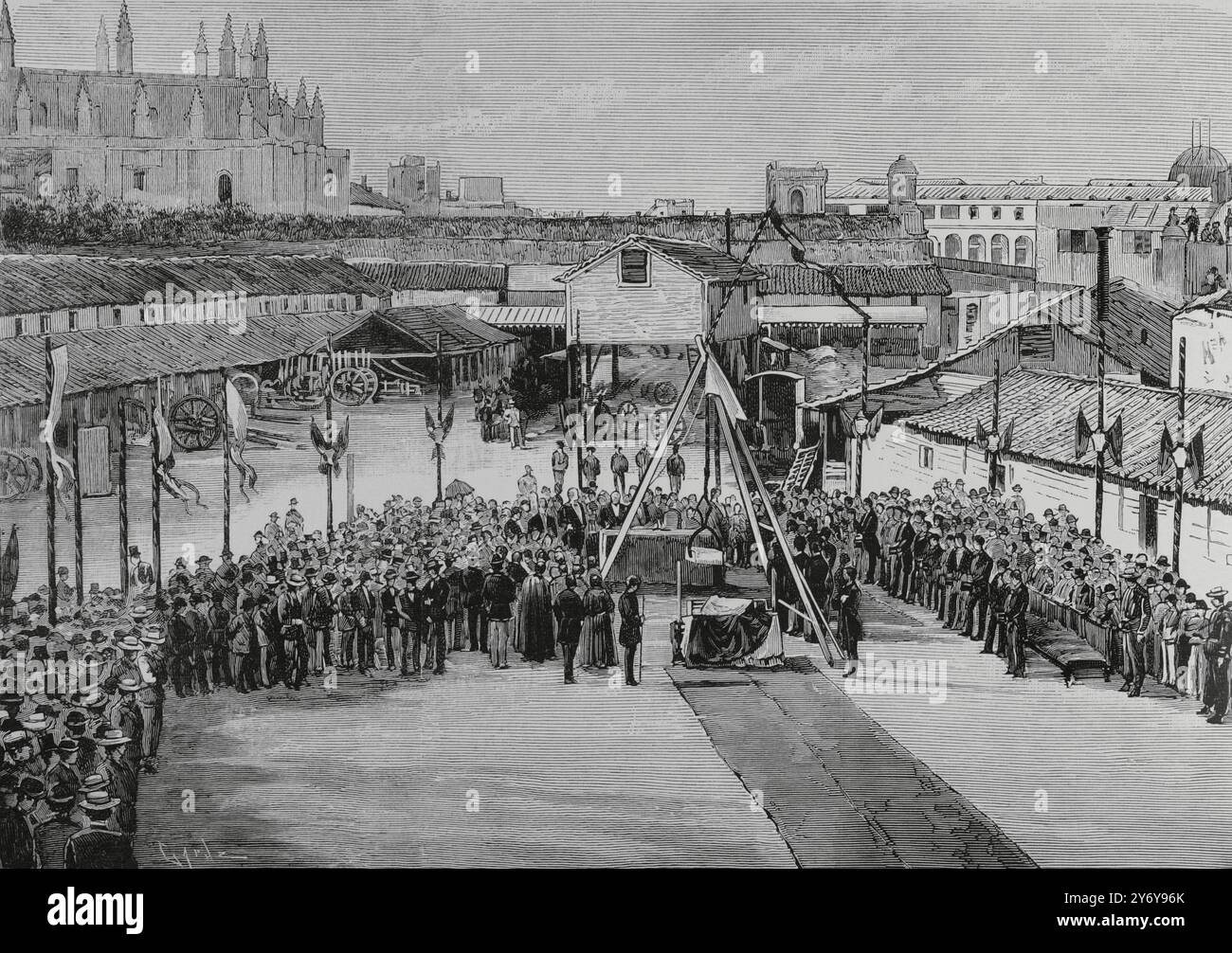 L'Avana, Cuba. Posa della prima pietra per la nuova Università scientifica e letteraria il 23 gennaio 1884. La cerimonia fu presieduta dal governatore generale dell'isola, il generale Ignacio María del Castillo (1817-1893). Il presbitero Dottor Teófilo Martínez de Escobar (1833-1912), professore di Metafisica all'Università, benedisse la prima pietra. Incisione di Tomás Carlos Capuz (1834-1899). La Ilustración Española y americana (The Spanish and American Illustration), 22 febbraio 1884. Foto Stock