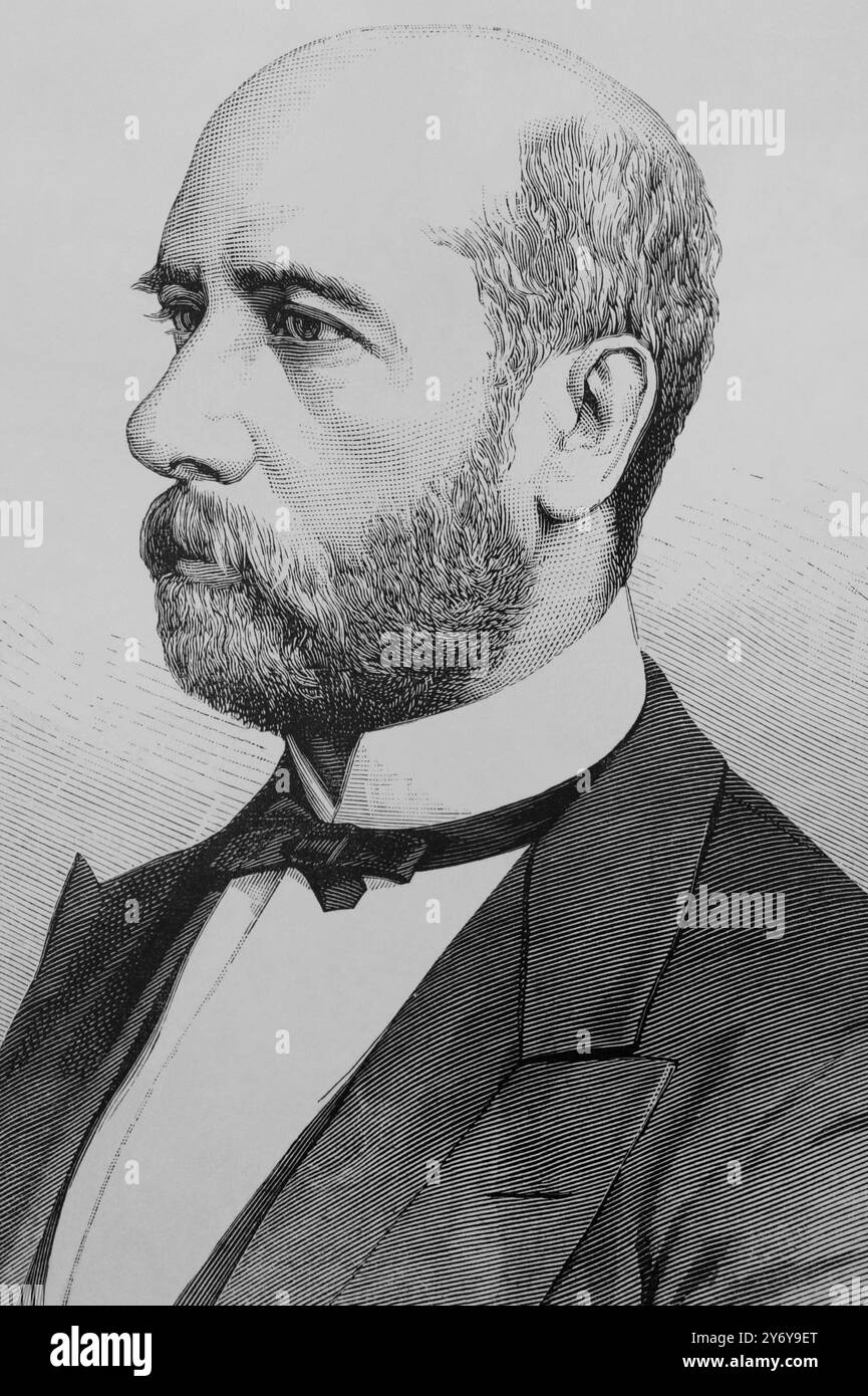 Eduardo Gasset y Artime (1832-1884). Politico e giornalista spagnolo. Fondatore del quotidiano «El Imparcial» nel 1867. Ministro d'oltremare nel 1872 sotto il governo di Manuel Ruiz Zorrilla. Verticale. Disegno di Badillo. Incisione di Arturo Carretero (1852-1903). La Ilustración Española y americana (The Spanish and American Illustration), 22 maggio 1884. Foto Stock