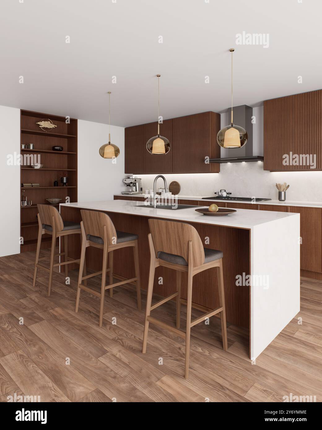 Questa moderna cucina presenta caldi dettagli in legno e un design elegante e altamente funzionale Foto Stock