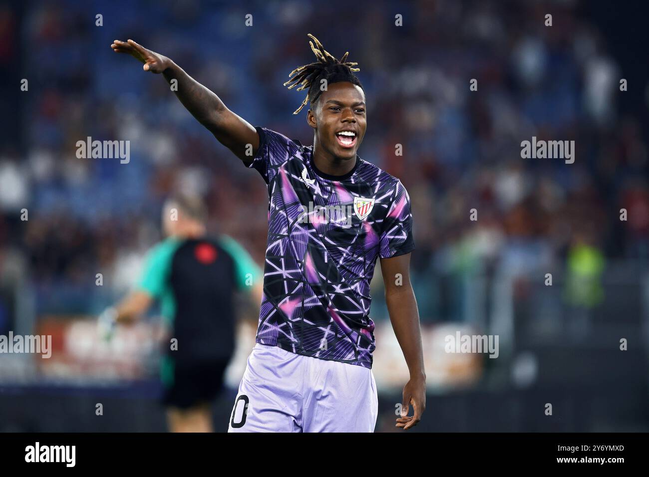 Roma, Italia. 26 settembre 2024. Nico Williams dell'Athletic Bilbao gesta prima della UEFA Europa League, partita del primo giorno tra AS Roma e Athletic Bilbao il 26 settembre 2024 allo Stadio Olimpico di Roma. Crediti: Federico Proietti / Alamy Live News Foto Stock