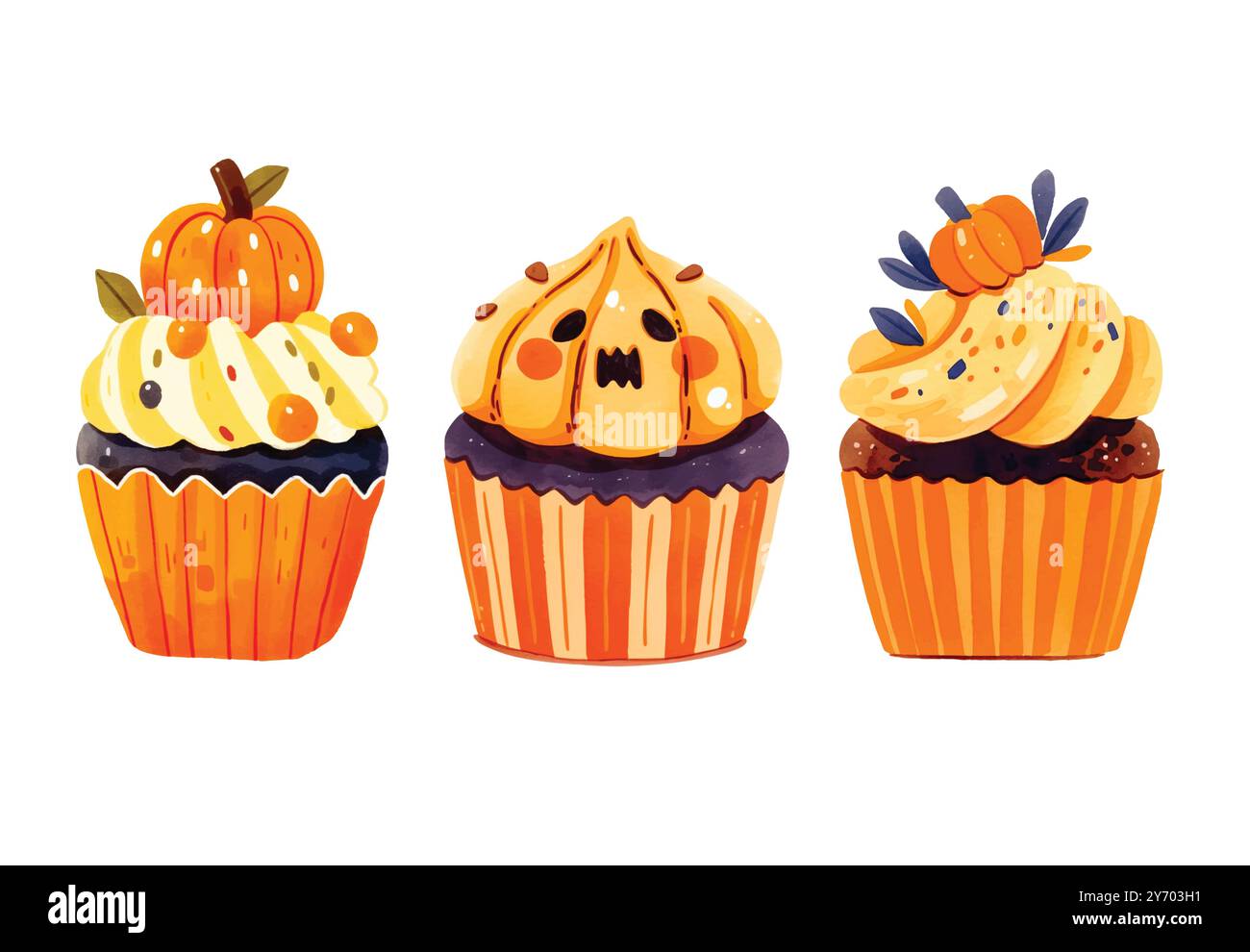 Set di cupcake ad acquerello di Halloween. muffin decorati in modo spaventoso. Cibo di Halloween per le feste Illustrazione Vettoriale