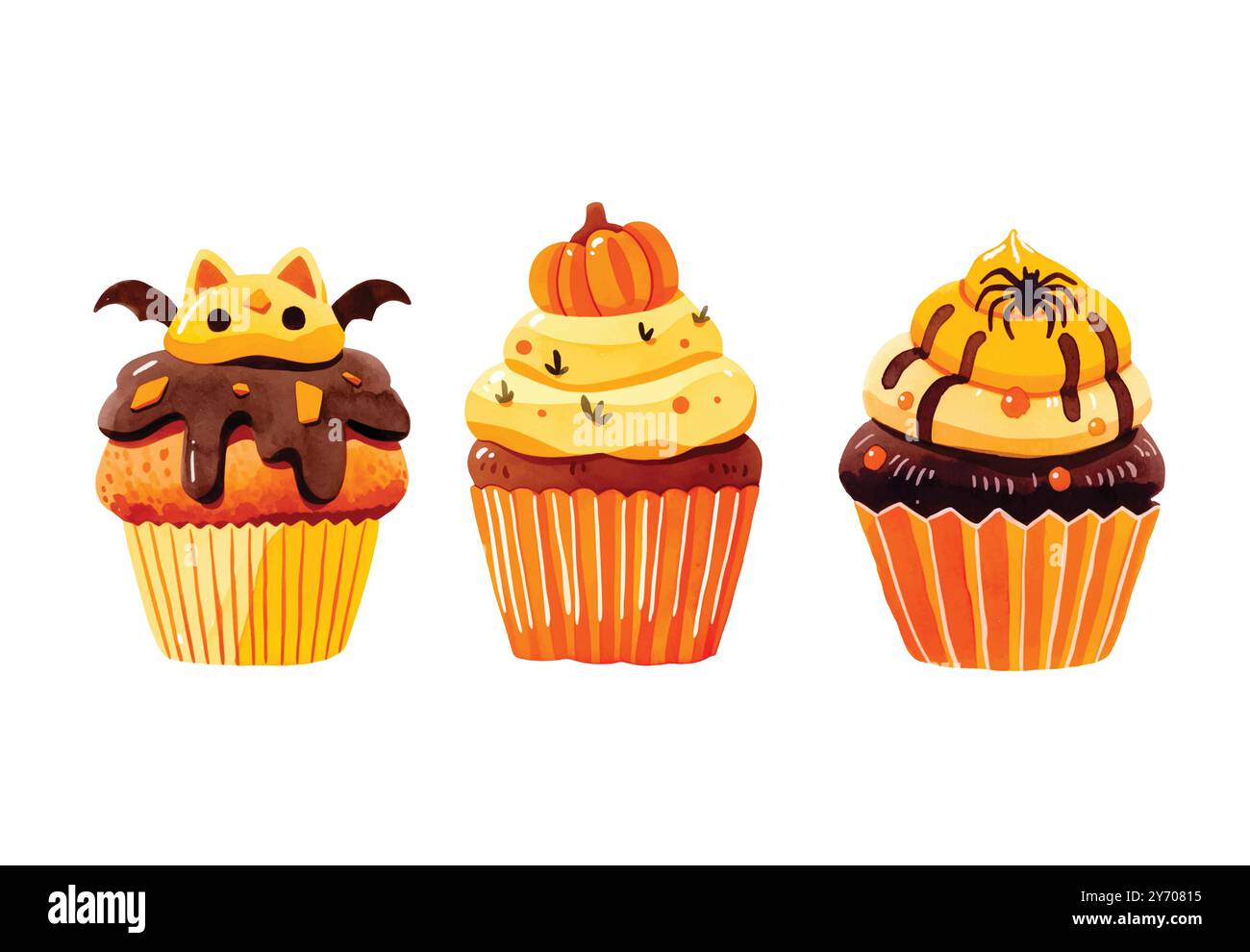Set di cupcake ad acquerello di Halloween. muffin decorati in modo spaventoso. Cibo di Halloween per le feste Illustrazione Vettoriale