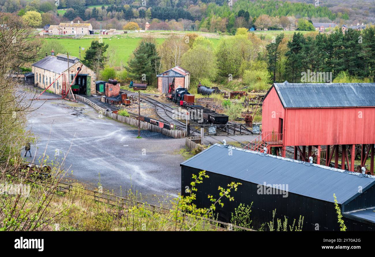 Panoramica del cantiere ferroviario presso la miniera di carbone, Beamish Museum, County Durham, Inghilterra, Regno Unito. Foto Stock