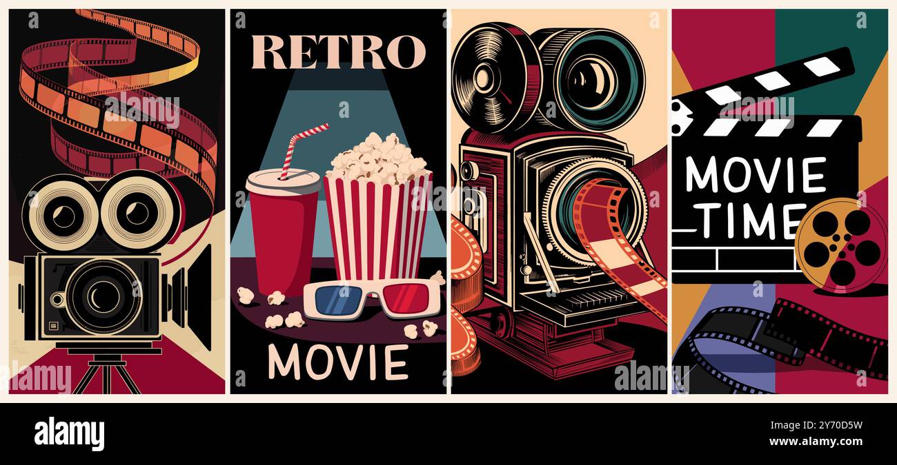 Set di poster di film d'epoca, grafica vettoriale Illustrazione Vettoriale