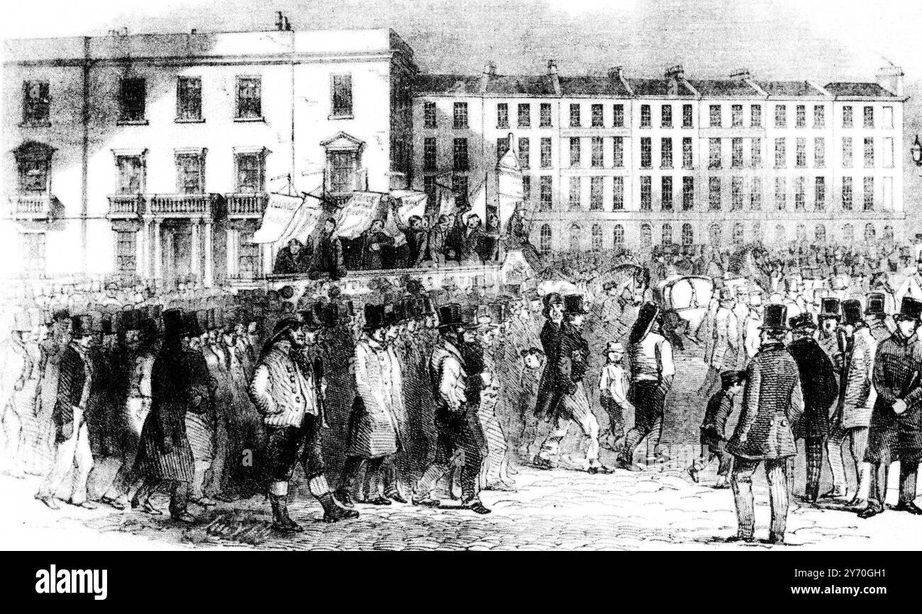 La processione dei Chartist da Kennington Common passando per il ponte Blackfriars, 10 aprile 1848. Il artismo fu un movimento della classe operaia, tra il 1838 e il 1848, il cui scopo era la riforma politica in Gran Bretagna. Prende il nome dalla carta del popolo del 1838. In questa incisione vediamo alcune delle circa 150.000 persone che si sono riunite per la più grande dimostrazione di artisti. Foto Stock