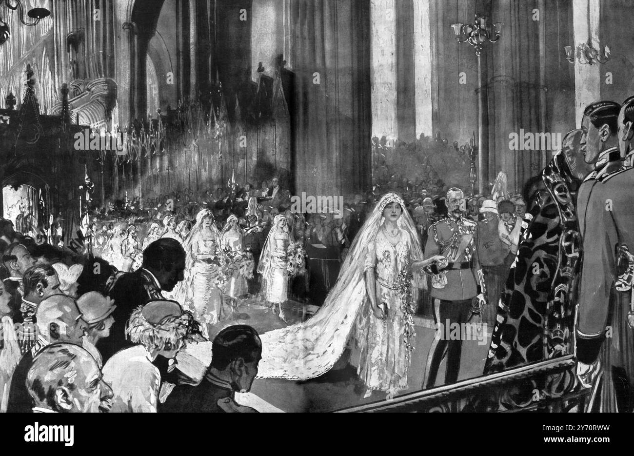 Sostenuta da suo padre , il Re , e seguita dalle sue damigelle : la Principessa Maria che sale dalla navata dell' Abbazia di Westminster per il suo matrimonio con il visconte Lascelles . 4 maggio 1922 Foto Stock