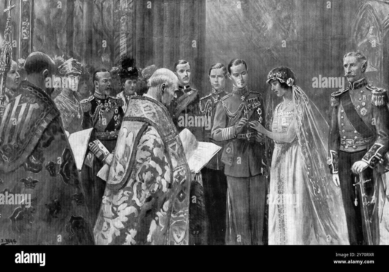 « Con questo anello ti sposo » : i momenti culminanti del matrimonio nell' Abbazia di Westminster , Londra , Inghilterra , 26 aprile 1923 . Le nozze del Duca di York e di Lady Elizabeth Bowes-Lyon - la cerimonia appena prima dell'Arcivescovo di Canterbury li pronunciava uomo e moglie . 28 aprile 1923 Foto Stock