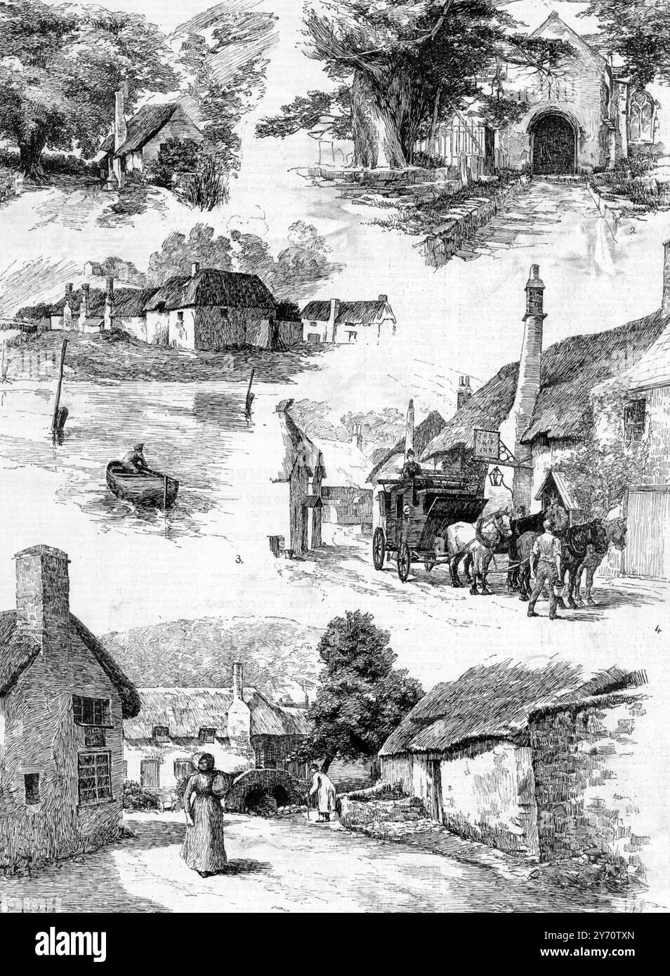 Schizzi sconcertanti : Porlock e il suo quartiere , Somerset 1. Vecchio albero di noce vicino a Bossington 2. Yew Tree nel cimitero di Porlock 3. Il porto di Porlock Weir 4. The Ship Inn, Porlock 5. Il ponte di Allerford, 16 novembre 1889 Foto Stock