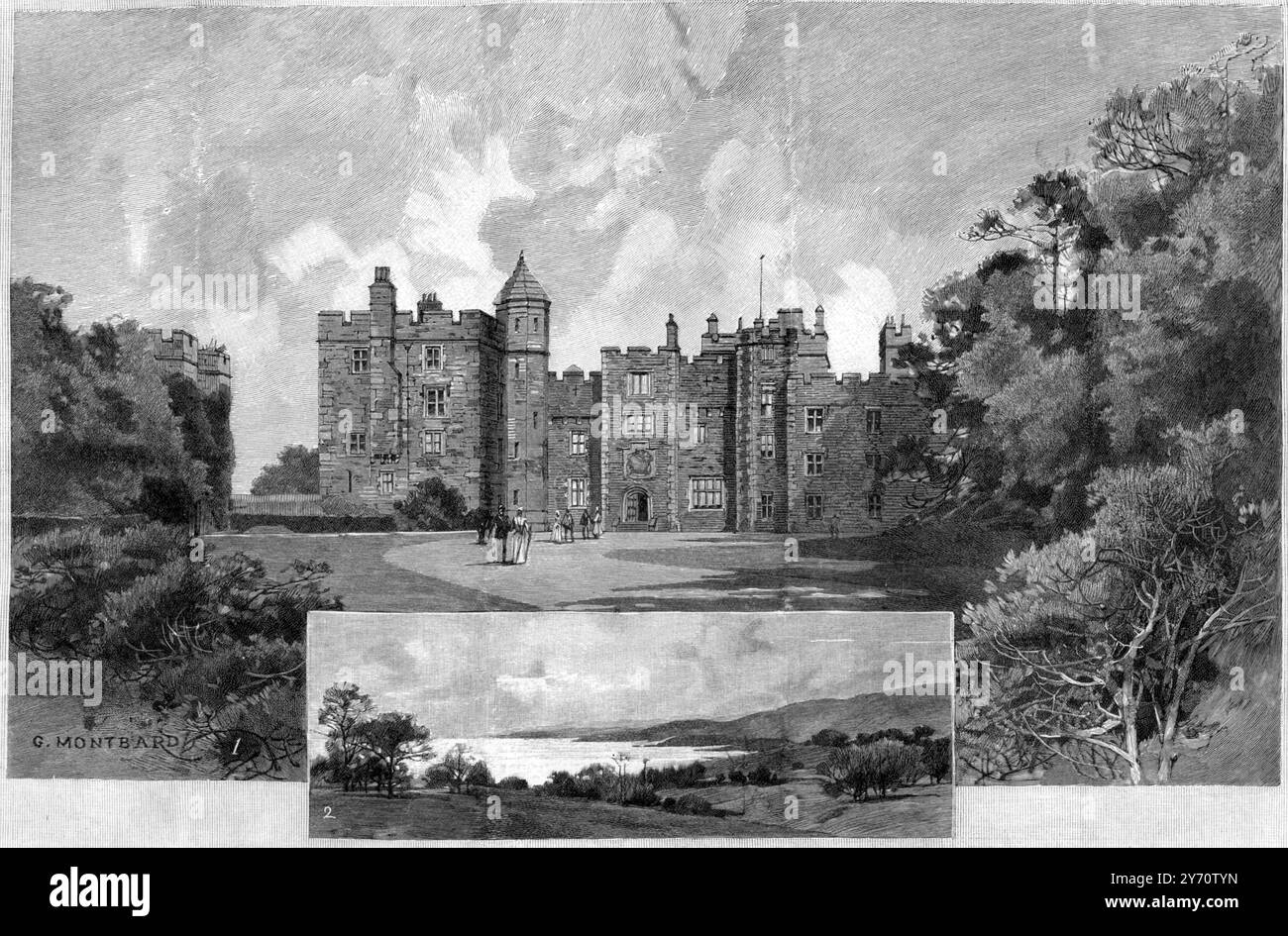 Case inglesi : Dunster Castle , Somerset , Inghilterra . L'immagine principale è la vista frontale del castello e la vista interna del parco . La sede del deputato Hugh Courtenay Luttrell . 2 settembre 1899 Foto Stock