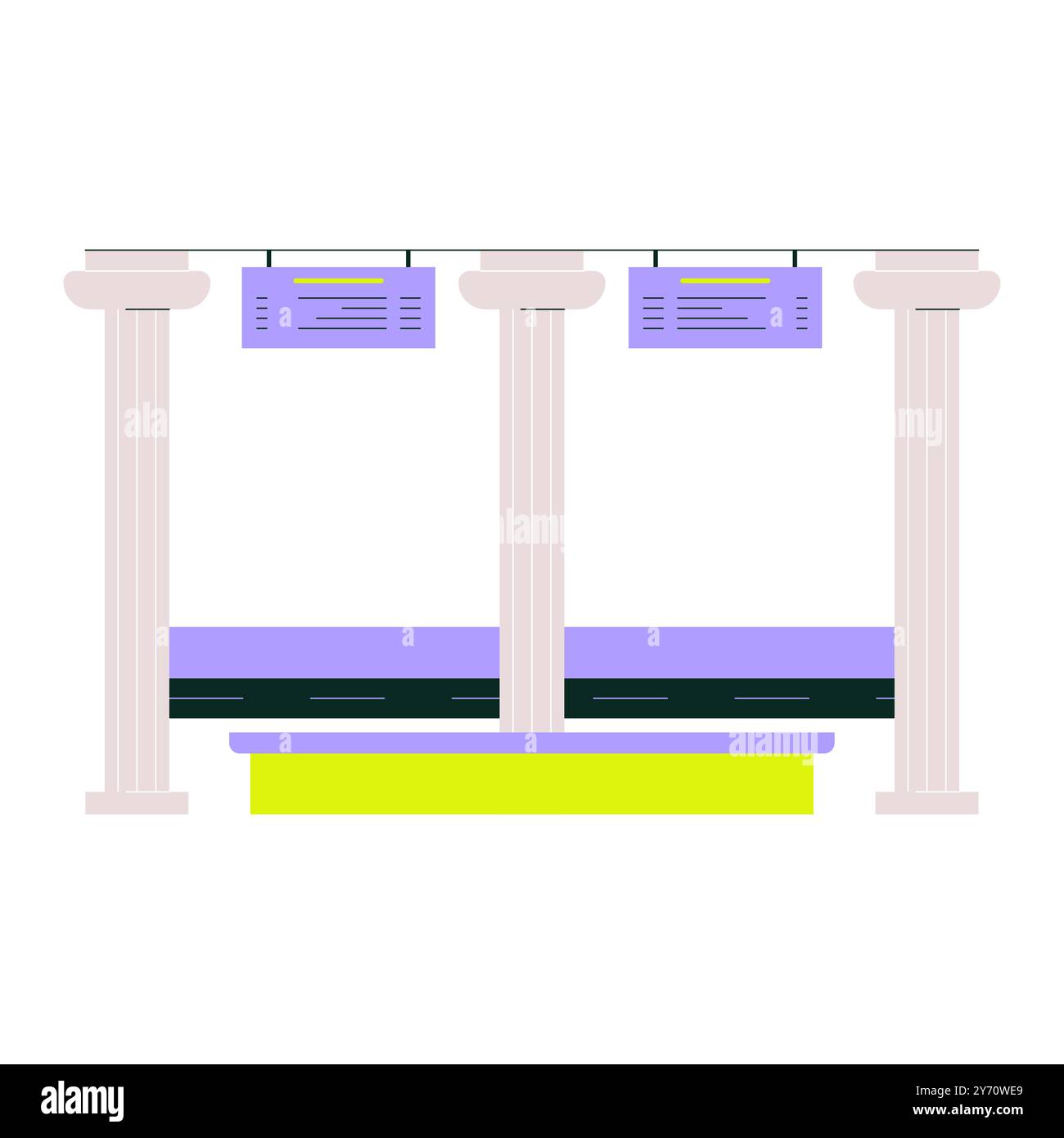 Piattaforma della stazione ferroviaria con cartelli, illustrazione vettoriale piatta che simboleggia il trasporto pubblico, il transito urbano e l'area di attesa, isolata su bianco Illustrazione Vettoriale