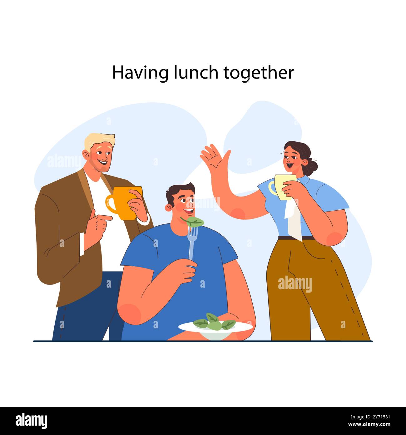 Interazione con l'ufficio. Ambiente di comunicazione di squadra, colleghi che mangiano insieme. Durante la pausa pranzo si parla occasionalmente di dipendenti. Jobflow e relazioni aziendali in società moderne. Illustrazione vettoriale piatta Illustrazione Vettoriale