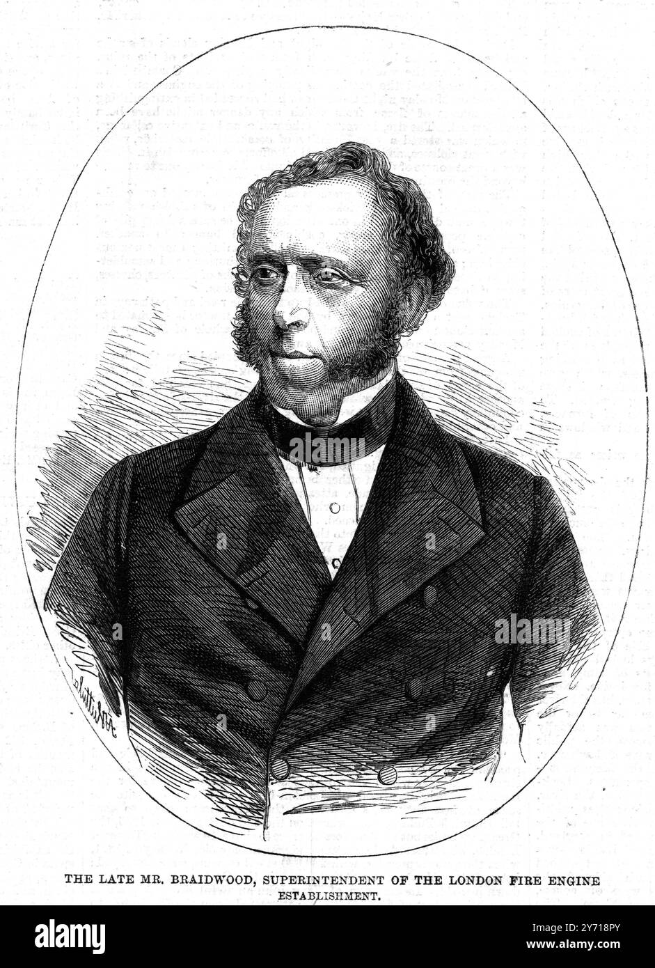 James Braidwood sovrintendente del London Fire Engine Establishment James Braidwood (1800 - 1861) fondò il primo servizio antincendio municipale al mondo a Edimburgo nel 1824, e fu il primo direttore del London Fire Engine Establishment (la brigata che alla fine sarebbe diventata la London Fire Brigade) è accreditato con lo sviluppo del moderno servizio antincendio municipale Foto Stock