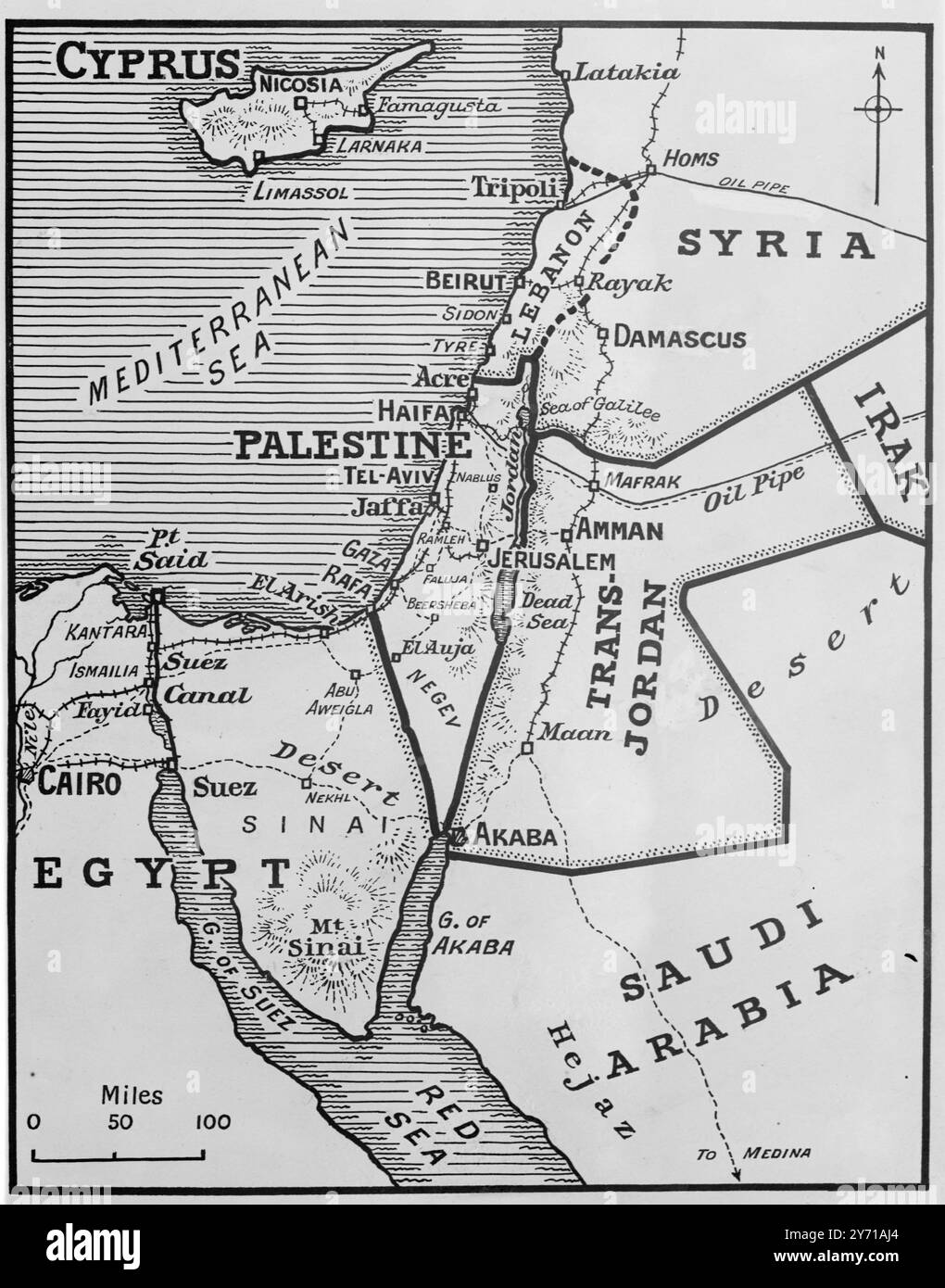 SITUAZIONE IN MEDIO ORIENTE Palestina, Israele Una nuova mappa della zona colpita nella situazione in Medio Oriente . 12 gennaio 1949 Foto Stock