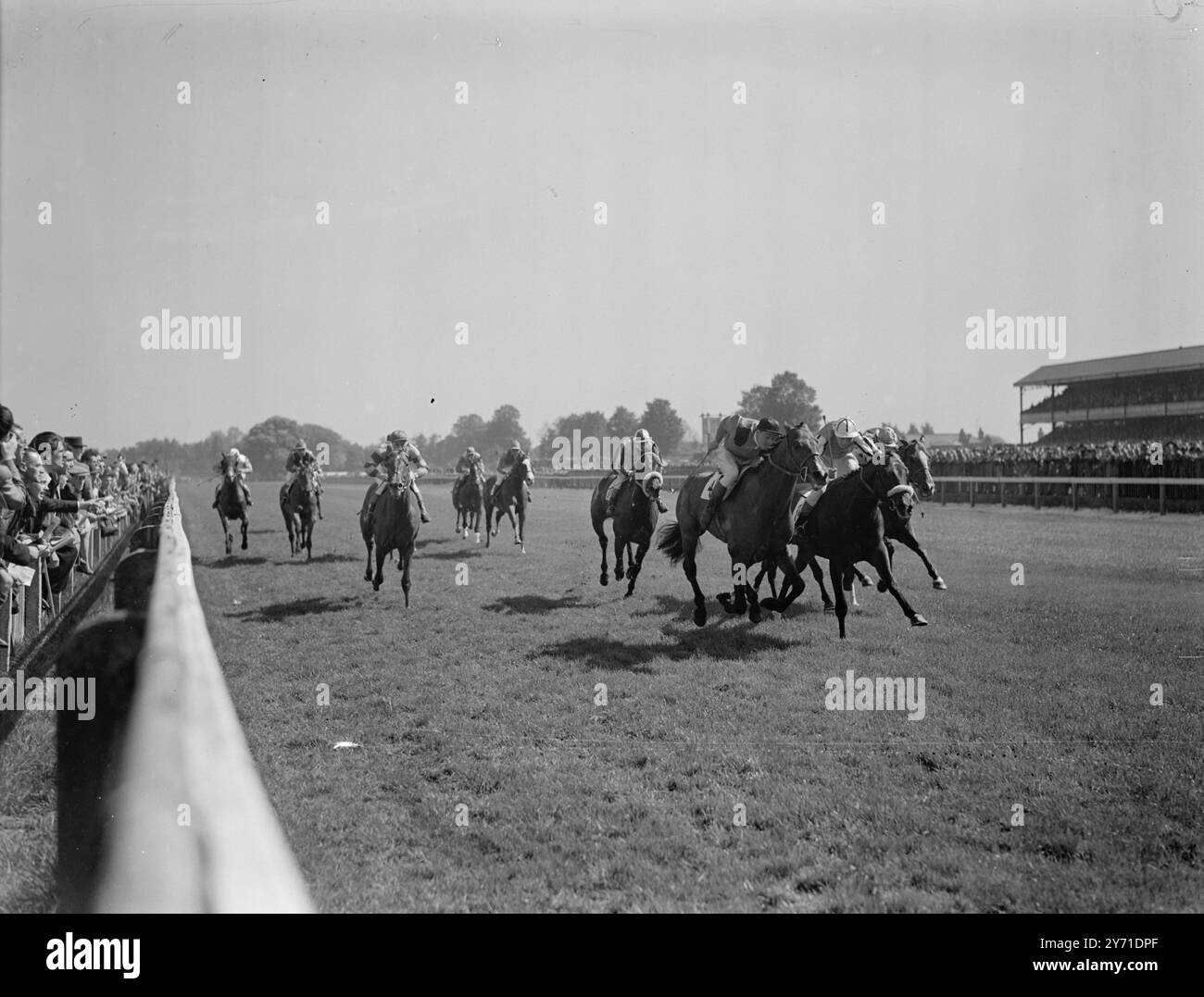 ROYAL TARA VINCE UNA GRANDE POSTA IN GIOCO PER IL GIUBILEO. "Royal Tara" di Mr.D.Morris (Gething Up) vince il Kempton Park grande "jubilee" handicap (n. 4) di Mr C.G.Darrell 's Deuces Wild', (M Hsynes Up) (n. 14) con il signor R.H.A. Gresson 's Closworth' (T.. Burn Up) terzo all'esterno, a Kempton, oggi. 8 maggio 1948 Foto Stock