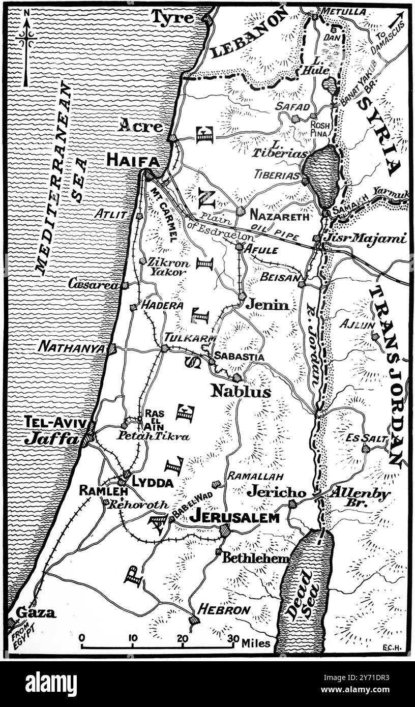 "CONCENTRATI SULLA TERRA SANTA". Con la fine del mandato britannico , sabato prossimo (15 maggio) e il ritiro di tutte le forze britanniche da Palastine , la lotta tra arabo e ebreo in Terra Santa si avvicina rapidamente al suo culmine l'intervento armato da parte degli stati arabi circostanti e l'aumento degli sforzi dell'Agenzia ebraica per il controllo dei punti chiave in Palastine preannuncia la lotta su scala bellica quando l'influenza restrittiva della Gran Bretagna viene definitivamente rimossa. LE IMMAGINI MOSTRANO:- chiaramente visibili su questa nuova mappa di Palastine sono le città chiave di Gerusalemme , Haifa, Jaffa e Tel Aviv. Ebreo f Foto Stock