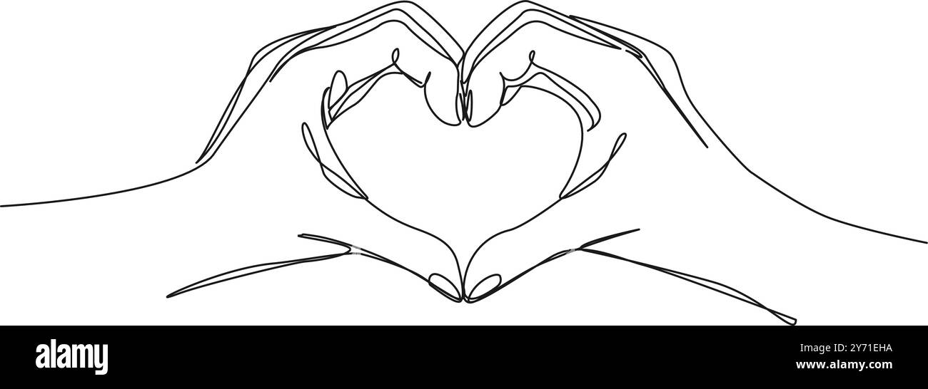 disegno continuo a linea singola di due mani che creano una forma di cuore, illustrazione vettoriale line art Illustrazione Vettoriale