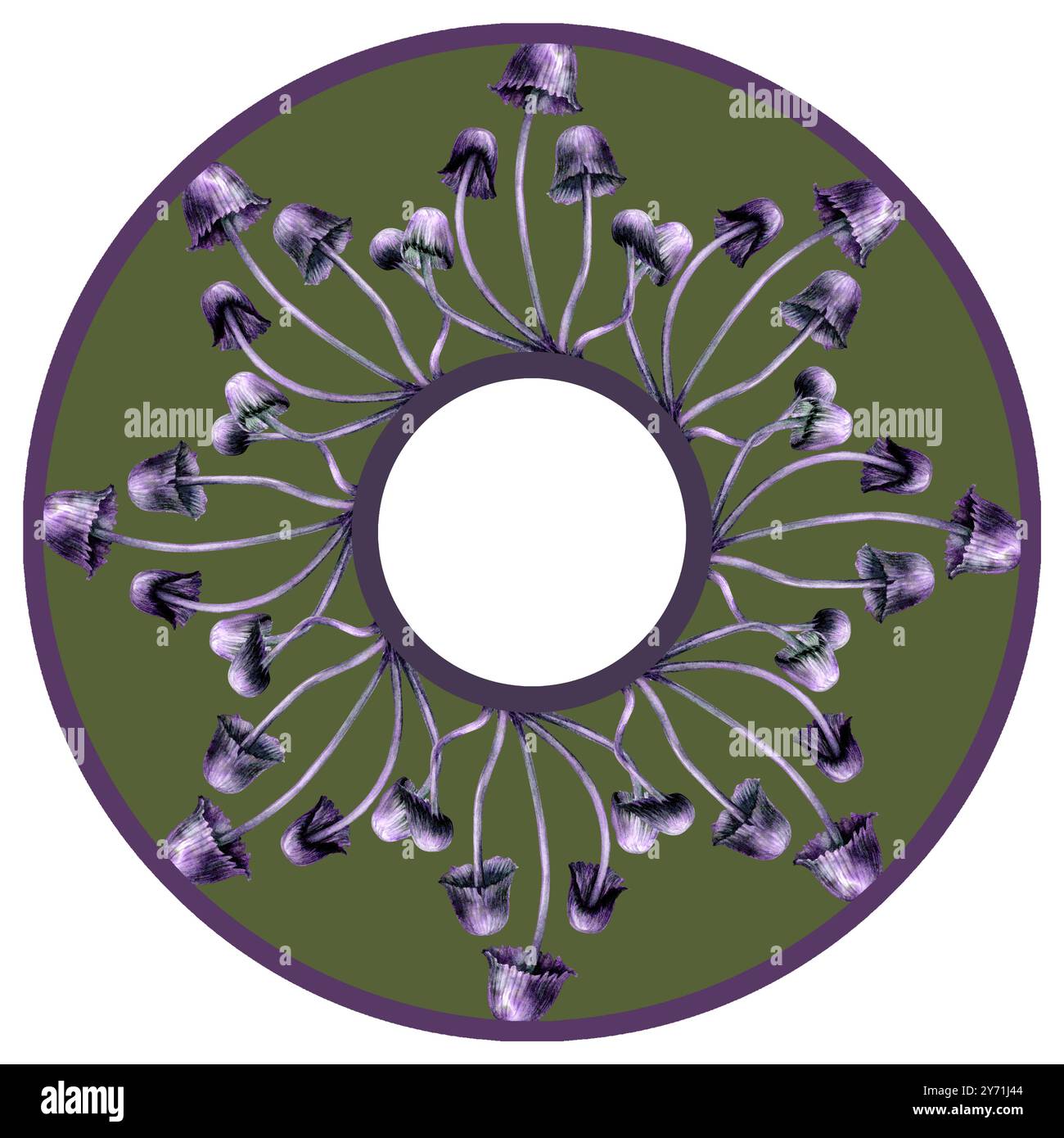 Bordo circolare con sgabelli velenosi viola. Modello di illustrazione in acquerello per esoterico, stregoneria, Halloween: Piatti, vassoi, tovaglioli rotondi, Foto Stock