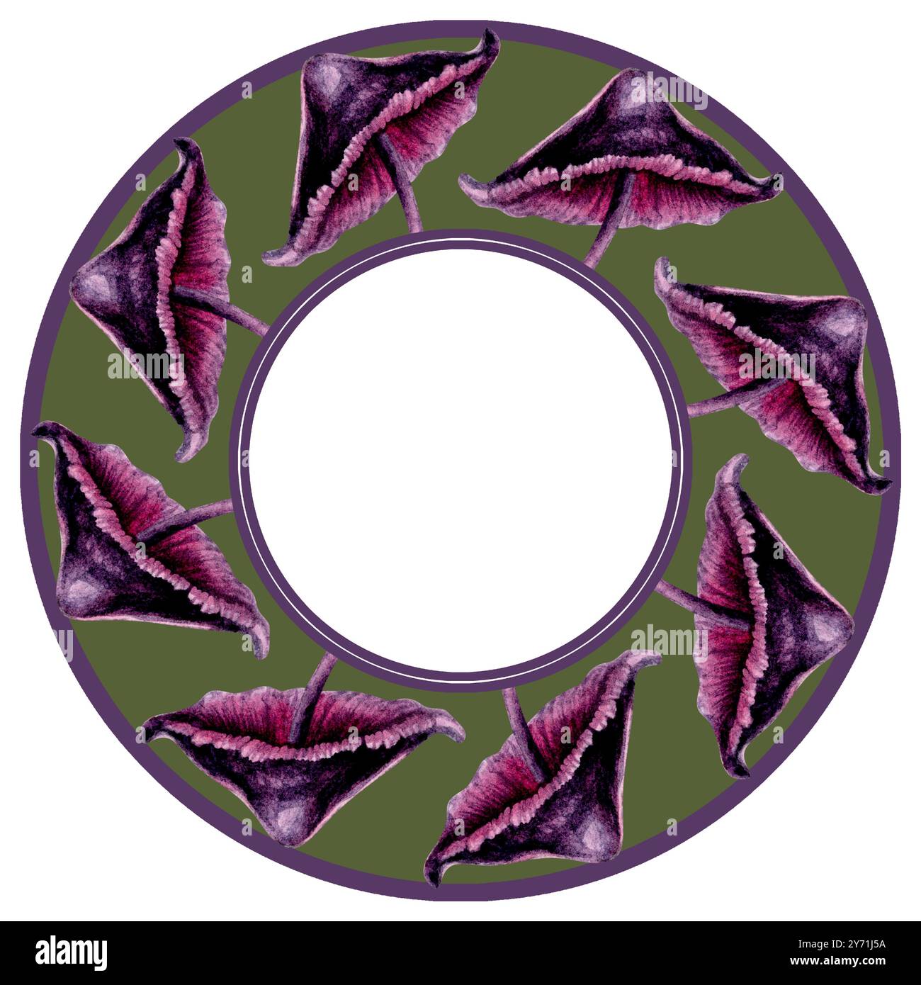 Bordo circolare con sgabelli velenosi viola. Modello di illustrazione in acquerello per esoterico, stregoneria, Halloween: Piatti, vassoi, tovaglioli rotondi, Foto Stock