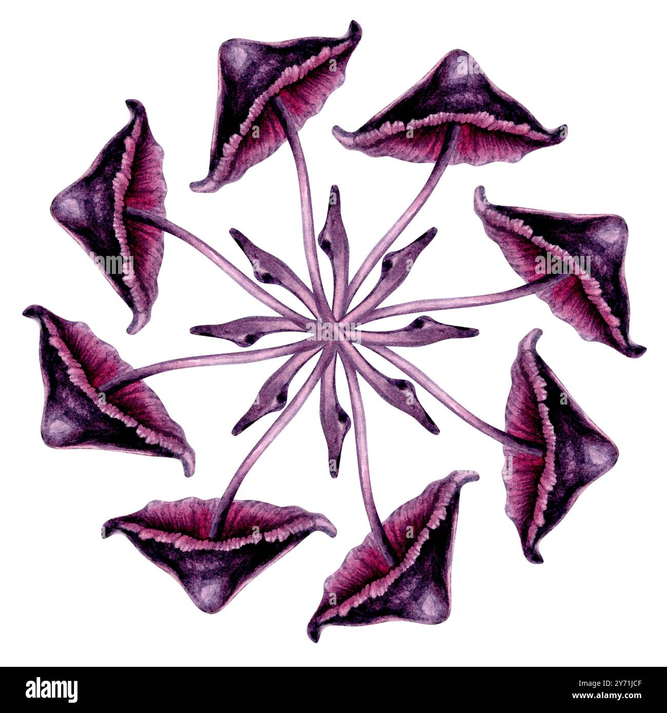 Bordo circolare con sgabelli velenosi viola. Modello di illustrazione in acquerello per esoterico, stregoneria, Halloween: Piatti, vassoi, tovaglioli rotondi, Foto Stock