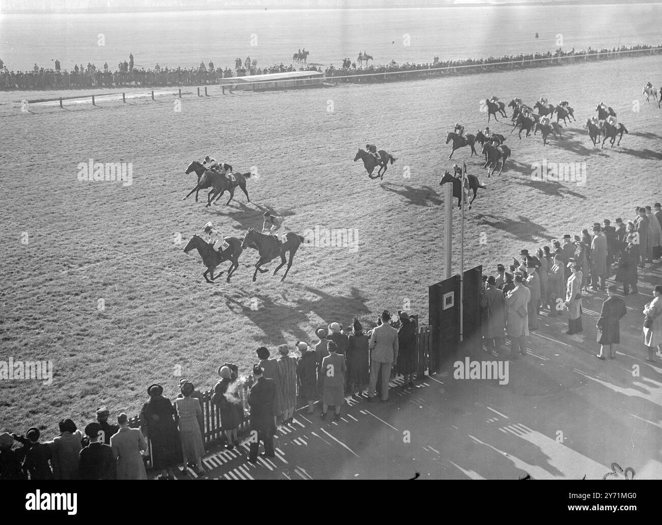 STEROPE VINCE CAMBRIDGESHIRE-CALORE MORTO PER IL TERZO POSTO. Sig. Lo STEROPE di J.B. Townly, guidato da D. Schofield e addestrato da P. Beasley, vinse il Cambridgeshire a Newmarket, Suffolk. Sig. La ''ROYAL TARA'' di d. Morris era seconda , fantino, C.Smirke. C'è stato un caldo morto per il terzo posto tra M.F. Pathie-Hobaica ''PATCHOULY'' e Mr. R. Mc ilhagga 'IMPECCABILE'. Immagini:- l'emozionante finale del Cambridgeshire che mostra STEROPE ( a sinistra) che batte ROYAL TARA. In background IMPACCABLE e PATCHOULY (più lontano dalla telecamera) e combattendo per finire con un caldo morto per la prima volta Foto Stock