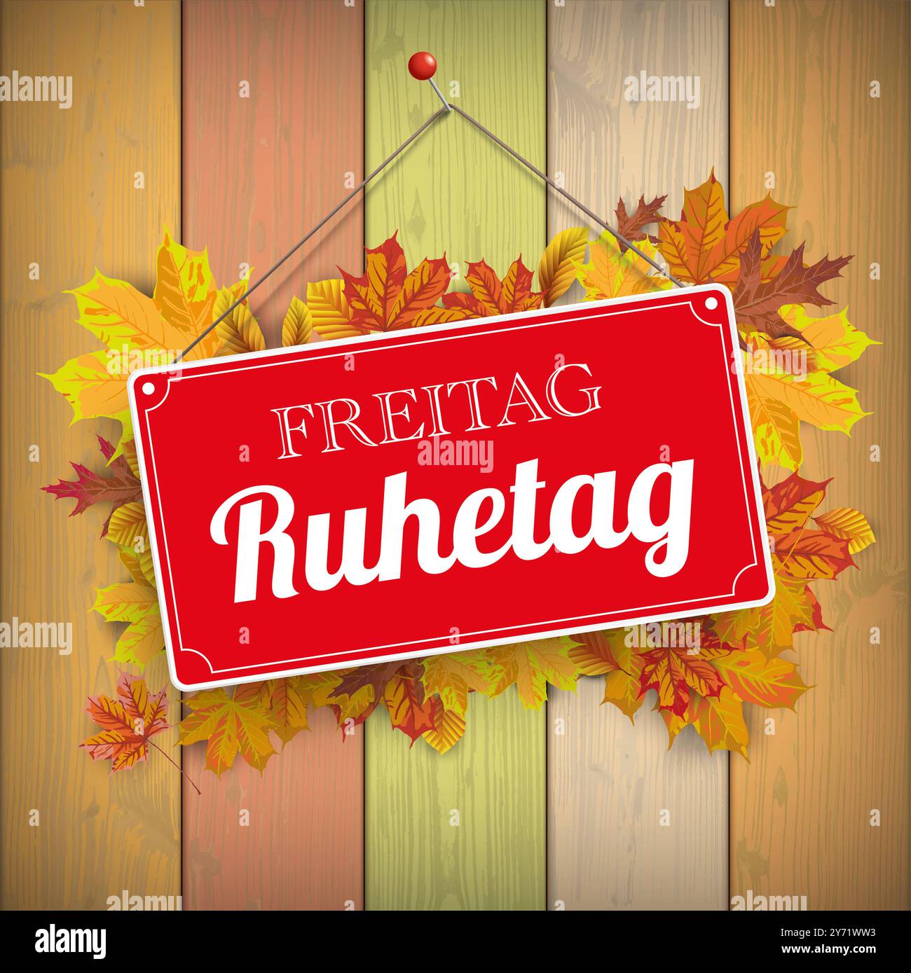 Cartello autunnale Freitag Ruhetag muro di legno testo tedesco Freitag Ruhetag, Traduci venerdì giorno di riposo. Foto Stock