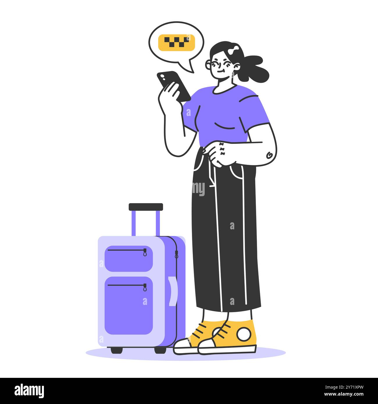 Servizio taxi. Ordine di taxi online nell'applicazione mobile. Taxi giallo. Passeggeri della cabina di un'automobile. Idea di trasporto pubblico cittadino. Illustrazione vettoriale piatta Illustrazione Vettoriale