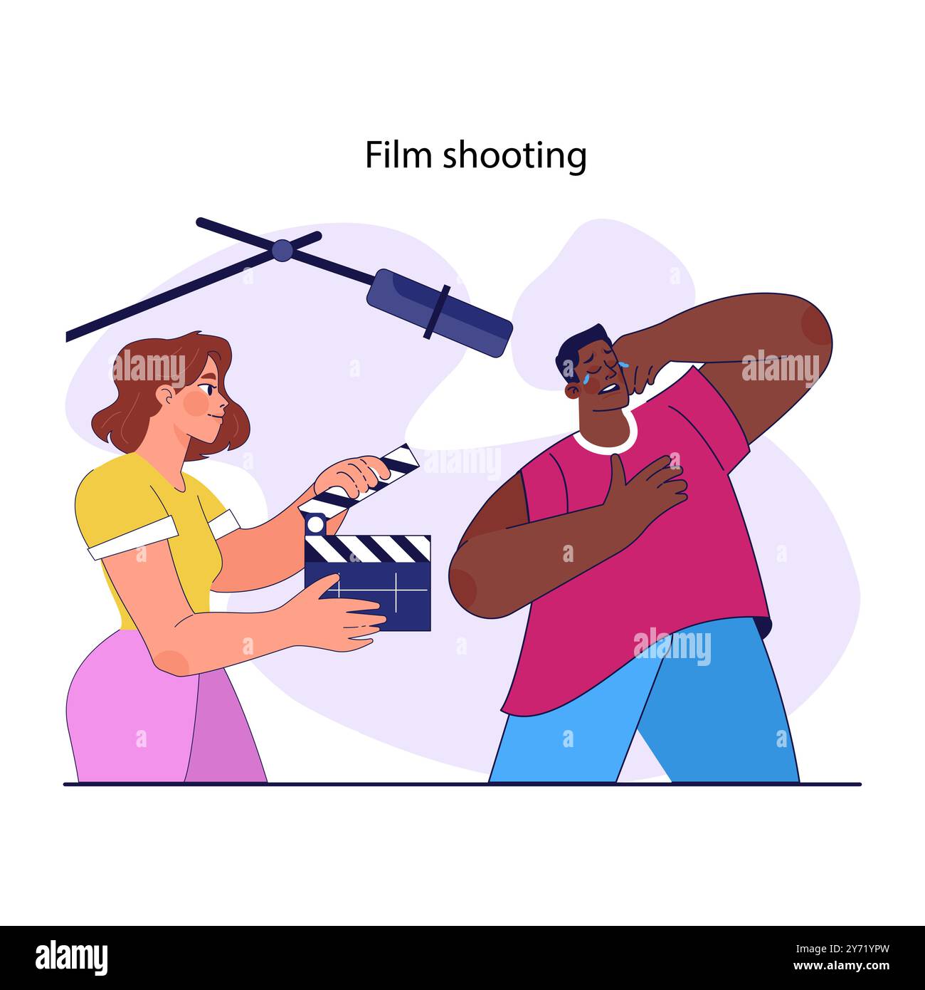 Industria cinematografica. Processo di ripresa, famoso attore che si esibisce con la fotocamera. Microfono e clapper della troupe cinematografica. Noto successo di artisti maschi. Illustrazione vettoriale piatta Illustrazione Vettoriale