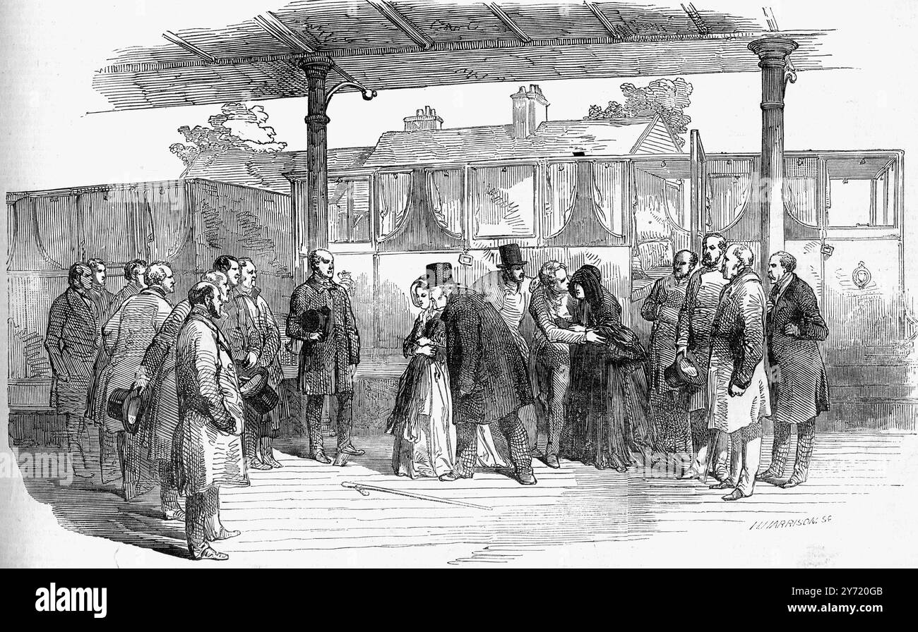 Arrivo di Luigi Filippo e festa alla stazione ferroviaria di Croydon. 11 marzo 1848 Luigi Filippo di Francia (1773-1850) al suo arrivo alla stazione ferroviaria di Croydon dopo la Rivoluzione francese del 1848. Figlio del duca d'Orleans, rinunciò ai suoi titoli in seguito alla rivoluzione del 1789, ma fu infine eletto al trono nel 1830, da allora conosciuto come il "Re cittadino". La Francia prosperò sotto il suo governo, ma alla fine fu costretto ad azioni repressive contro i giornali e il sistema giudiziario a seguito di diverse rivolte e tentativi di assassinio. Abdicò nel 1848 e viaggiò Foto Stock