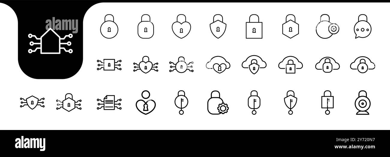 vettore di progettazione della raccolta di icone della linea della tecnologia di sicurezza Illustrazione Vettoriale