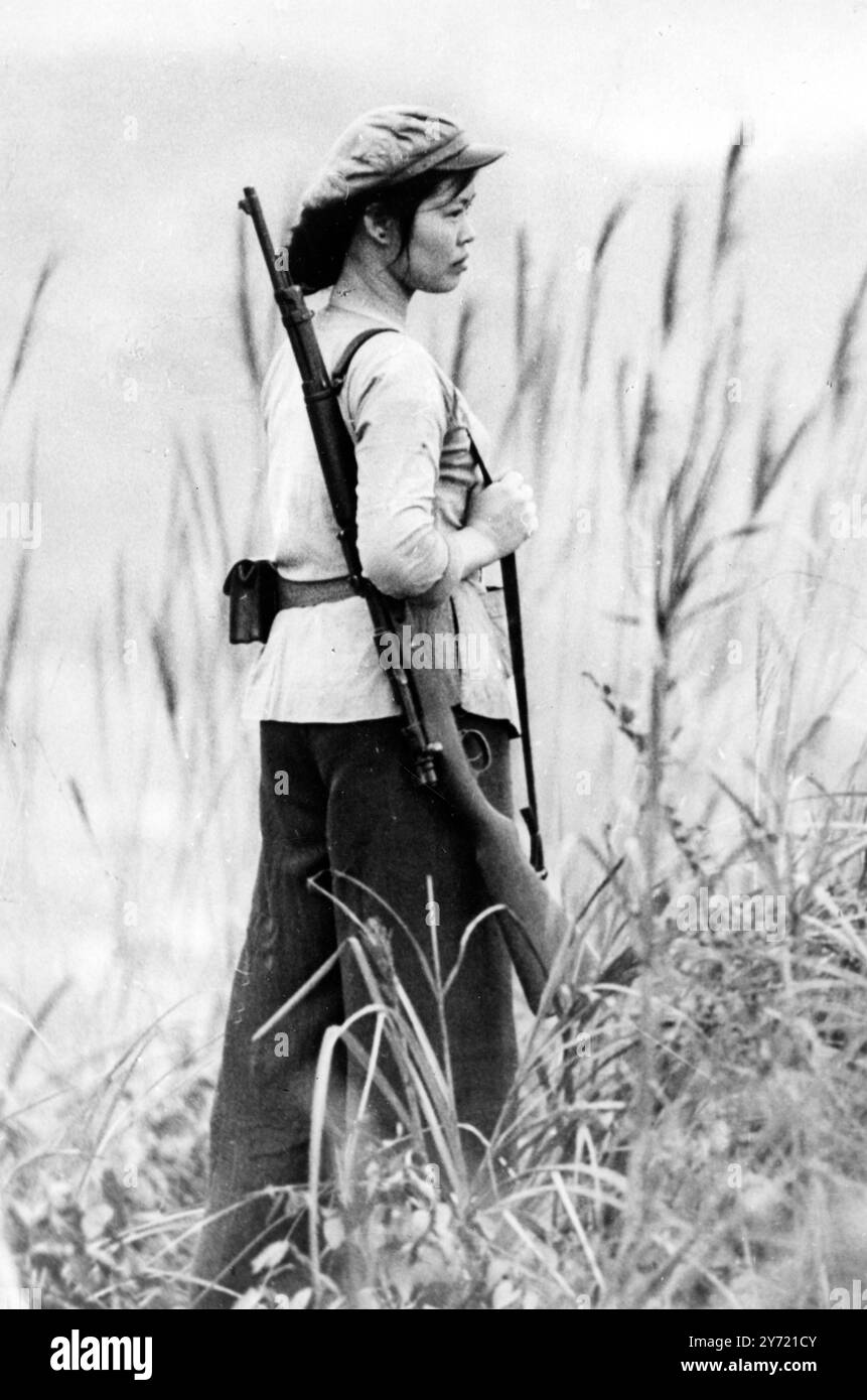 Vietnam del Nord : allerta al servizio di guardia è Nguyen Thi Hang , un soldato di una delle tante truppe di autodifesa organizzate in tutto il paese . Nguyen Thi Hang è stata chiamata Giovanna d' Arco del Vietnam del Nord , un' eroina operaia e militare e accreditata per aver abbattuto due aerei . 22 febbraio 1966 Foto Stock