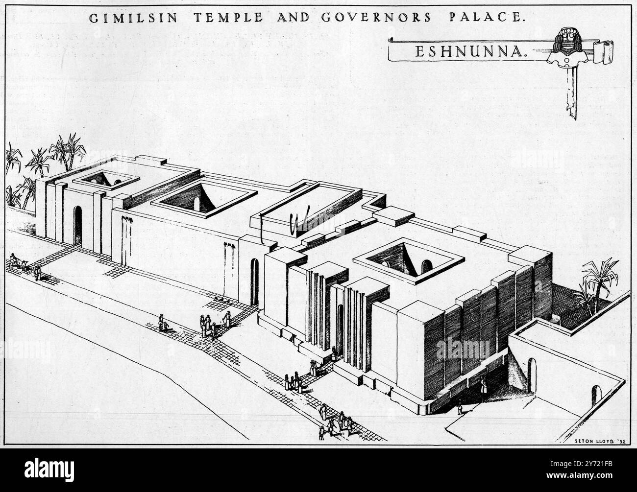 Un palazzo e un tempio 4000 anni fa e le rovine oggi . Un disegno di ricostruzione del primo Palazzo dei principi di Eshnunna a Tell Asmar , il primo Palazzo del periodo ( circa 2200 a.C. ) mai scavato : Un complesso di edifici comprendente LtoR la Cappella privata , il Palazzo stesso e il grande Tempio di Gimilsin , all'estremità orientale , ciascuno con un'imponente porta d'ingresso . Ottobre 1932 Foto Stock