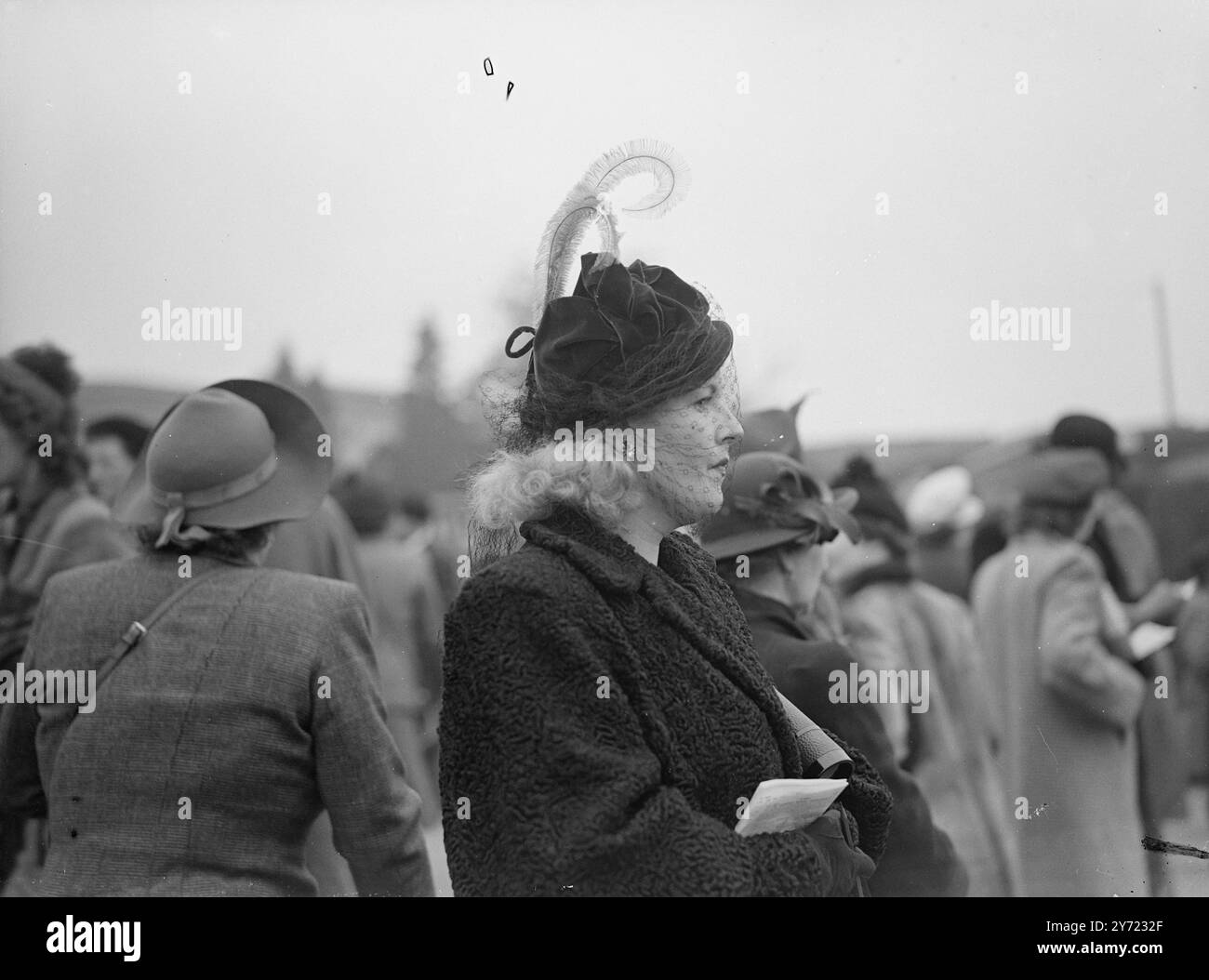 'Won by a Head at Cheltenham' 'Fern Fronds' di ulteriore risalto questo cappello da caccia Nazionale, indossato dalla signora Vaughan Wyman di Londra nella seconda giornata del Cheltenham Meeting, ieri (3 marzo). 4 marzo 1948 Foto Stock