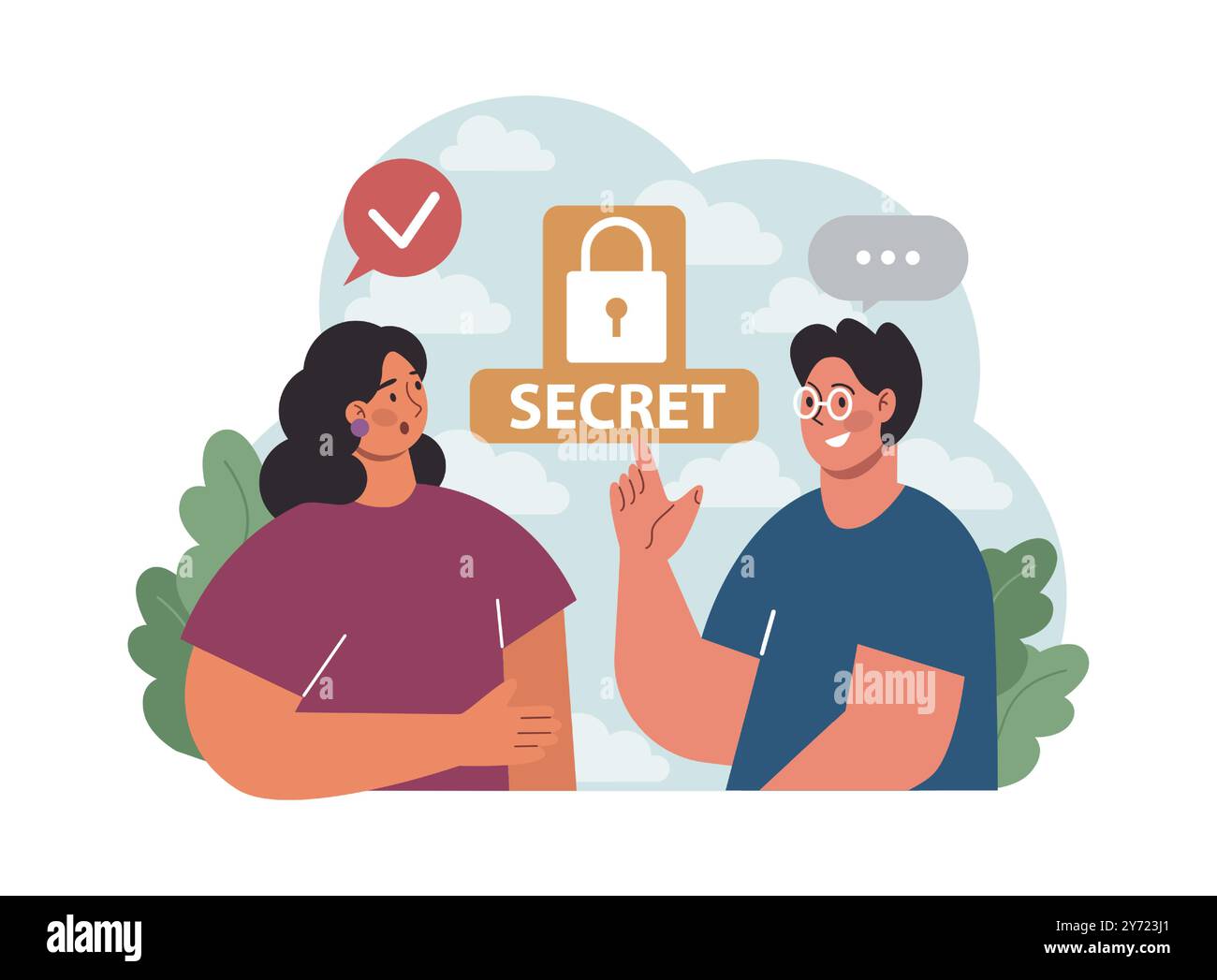 Concetto di fiducia. Amici intimi che condividono il segreto tra loro. Amicizia, supporto e affidabilità. Relazioni affidabili. Illustrazione vettoriale piatta Illustrazione Vettoriale