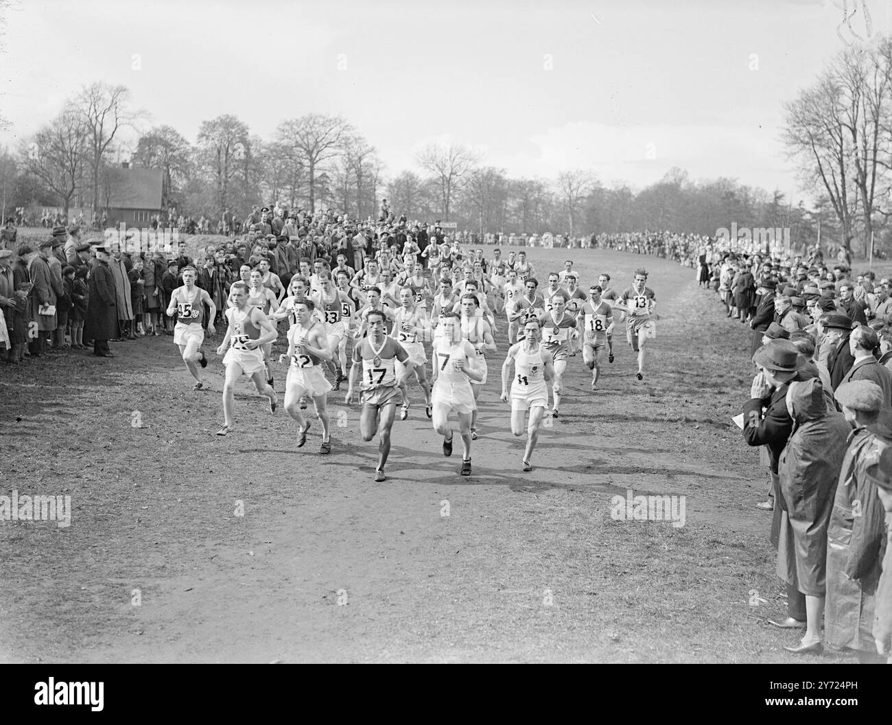 Inghilterra (114) punti) sono stati un brutto 3° 2 Belgio (46) e Francia (47) nella gara internazionale di cross country a Redding questo pomeriggio (sabato). J. Dons (Belgio) è stato il primo uomo in casa in 54 minuti e 5,4 secondi, e il primo rappresentante inglese a finire è stato e Donner (55 minuti e 17 secondi) Sydney Wooderson, che ha corso bene all'inizio della gara è caduto più tardi per finire 14° in 55 minuti e 50 secondi. L'immagine mostra l'avvio massivo. J. DOMs (27), il vincitore, è subito dietro il numero 17. 5 aprile 1948 Foto Stock