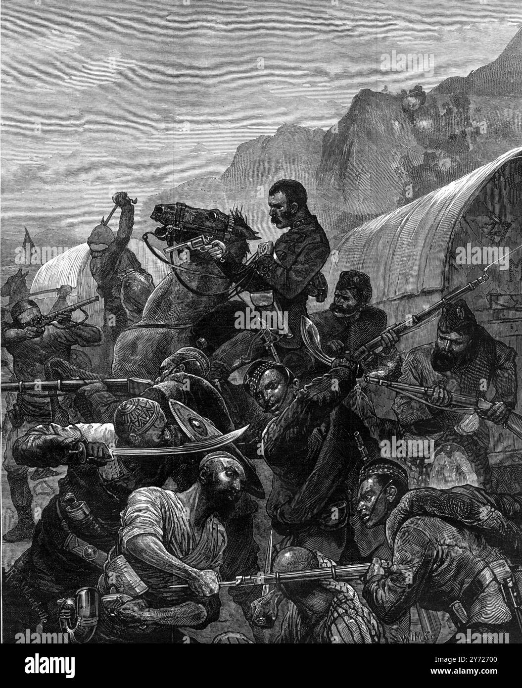 La guerra afghana - attacco a un treno di bagagli scortato da un distaccamento del 5° Goorkha vicino a Koruh da parte dei marauders delle tribù Mangal, Jaji e Turi il 13 dicembre 1878 illustrò London News il 18 gennaio 1879 Foto Stock