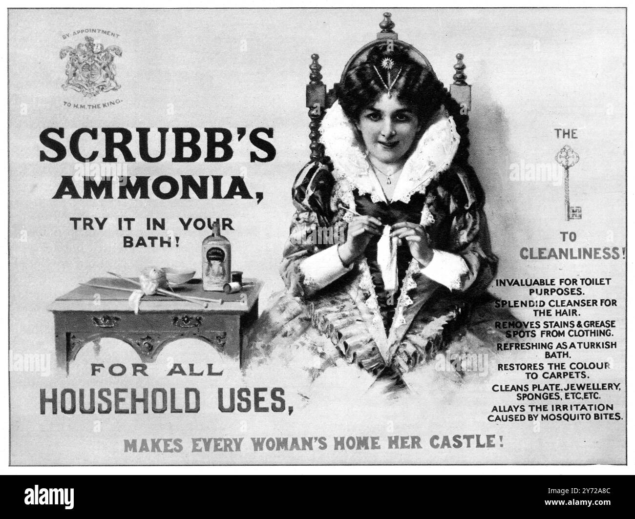 La pubblicità per Ammonia di Scrubb per tutti gli usi domestici fa di ogni donna la casa del suo castello . 28 luglio 1913 Foto Stock