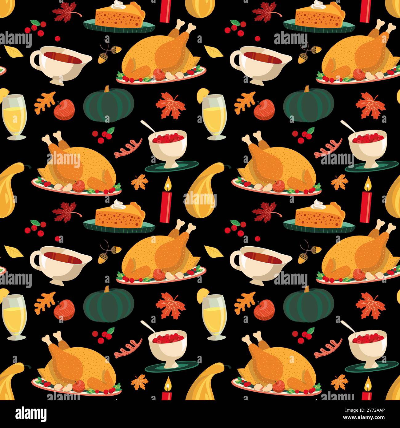 Piatti tradizionali per le feste del Ringraziamento, fantasia vettoriale senza cuciture. tacchino arrosto, salsa di mirtilli rossi, elemento decorativo con disegno a cartoni animati con torta di zucca. H Illustrazione Vettoriale